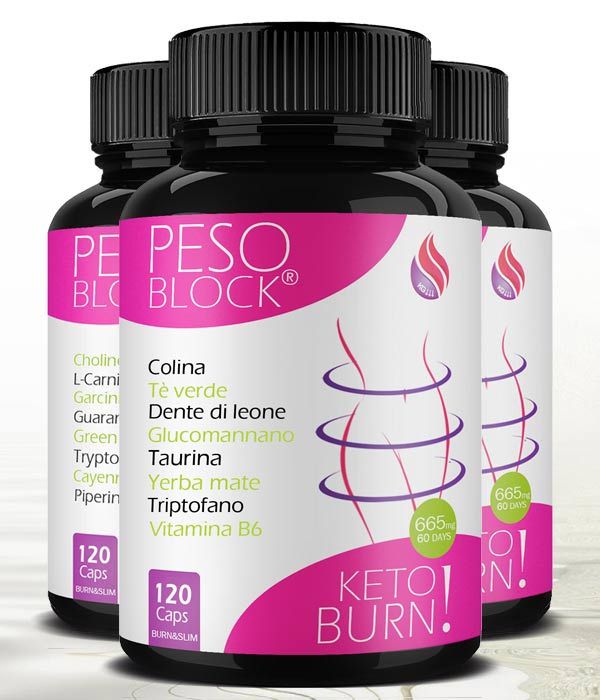 Tre flaconi neri con etichette rosa. Scritte: PESO BLOCK, KETO BURN. Contiene capsule. Elenco ingredienti e figura femminile stilizzata.
