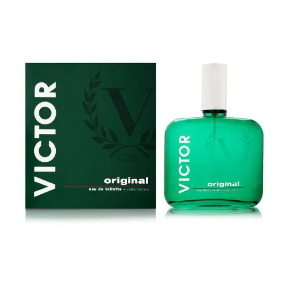 Flacone e scatola verdi di Victor Original Eau De Toilette Spray. Scritta: VICTOR, original, eau de toilette + vaporisateur.