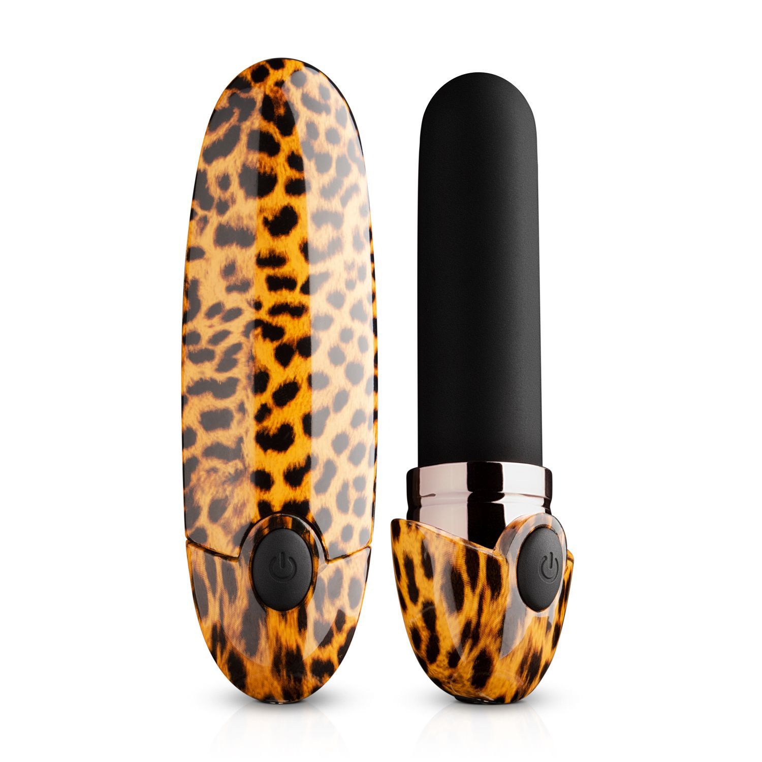 Vibratore con fantasia leopardata e testa nera. Pulsanti. Include custodia.