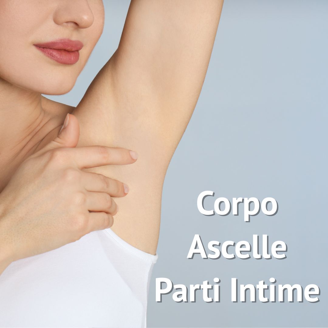 Braccio di donna che tocca l'ascella. Testo: Corpo, Ascelle, Parti Intime.