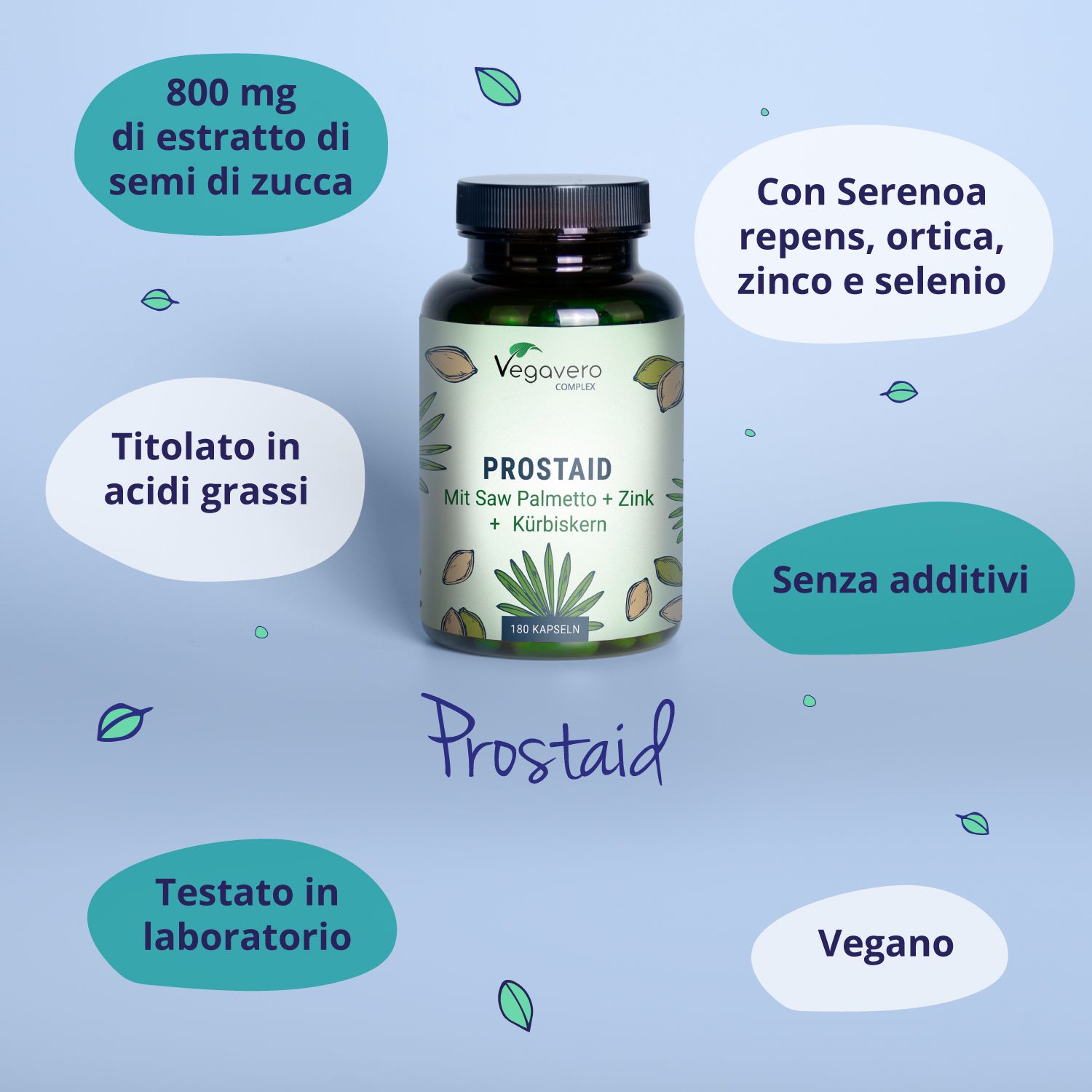 Bottiglia verde con tappo nero. Scritta: VEGAVERO COMPLEX, PROSTAID, Mit Saw Palmetto + Zink + Kürbiskern. Informazioni aggiuntive.