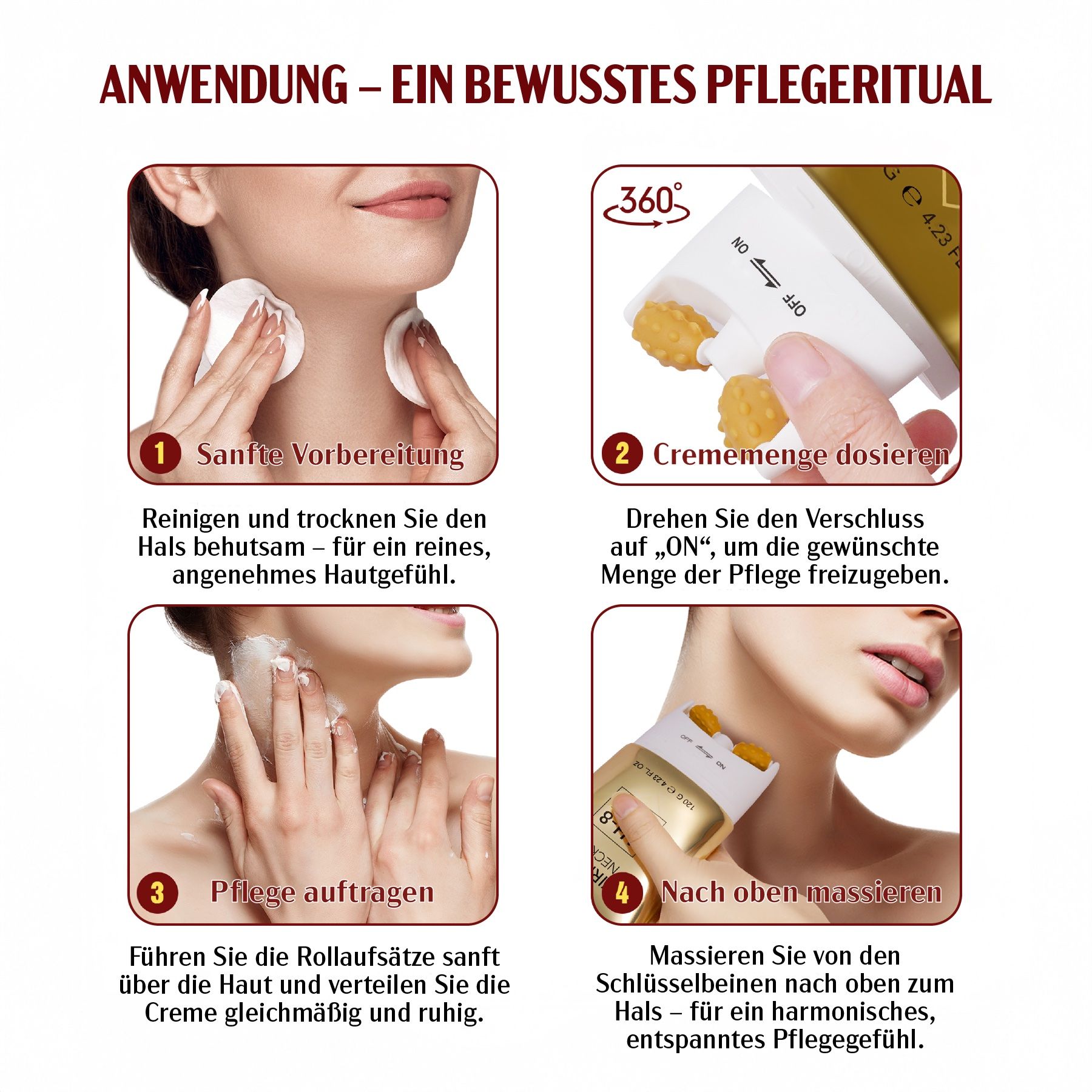 Fasi di applicazione. Testo: Preparazione delicata, dosare la crema, applicare, massaggiare verso l'alto.