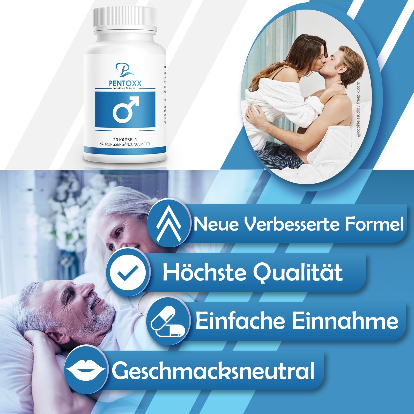 Flacone PENTOXX. Scritta: 20 capsule. Integratore alimentare. Immagine di coppie. Testo: Nuova formula migliorata, massima qualità, facile assunzione.