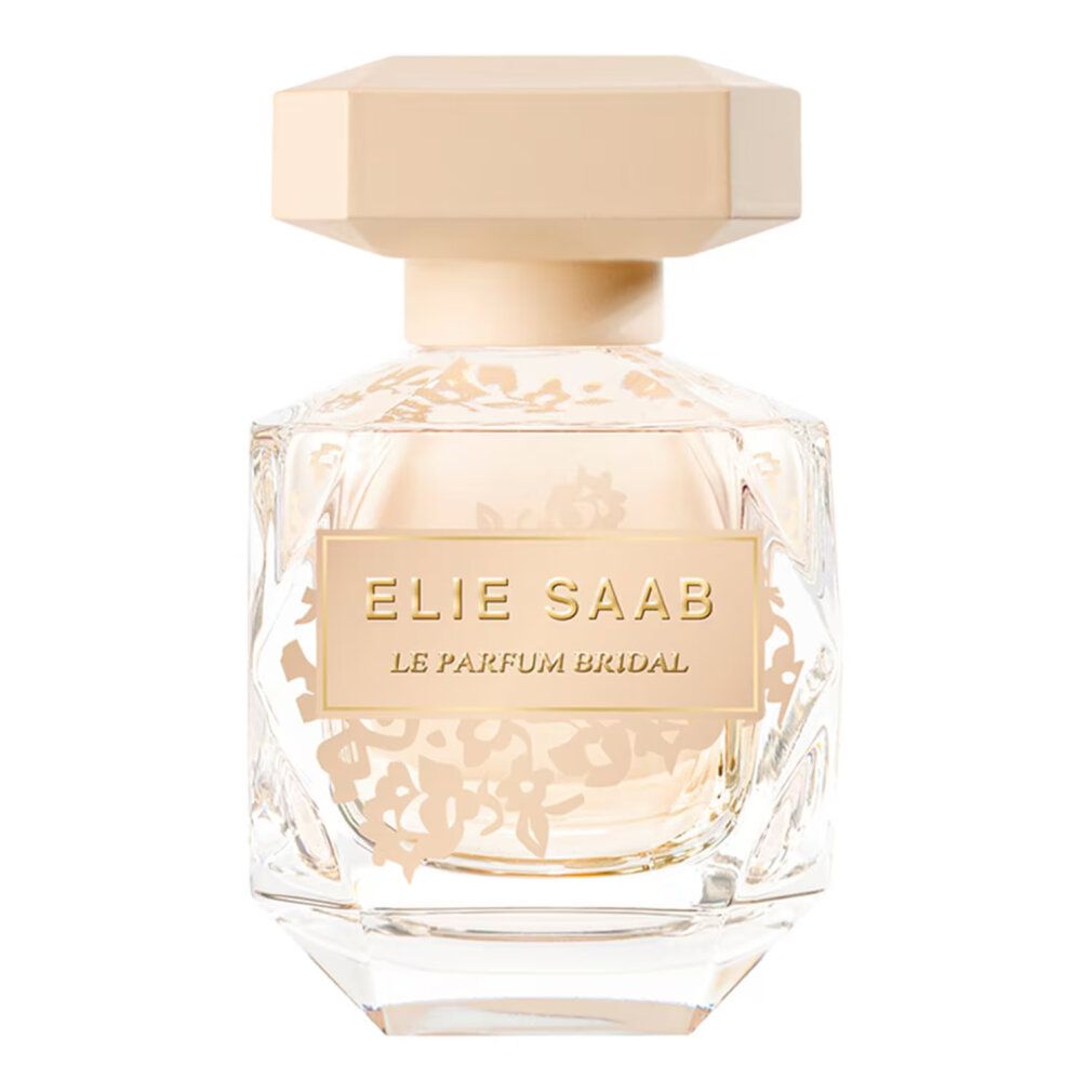 Flacone di profumo con tappo beige. L'etichetta recita "ELIE SAAB Le Parfum Bridal". Il flacone è trasparente.