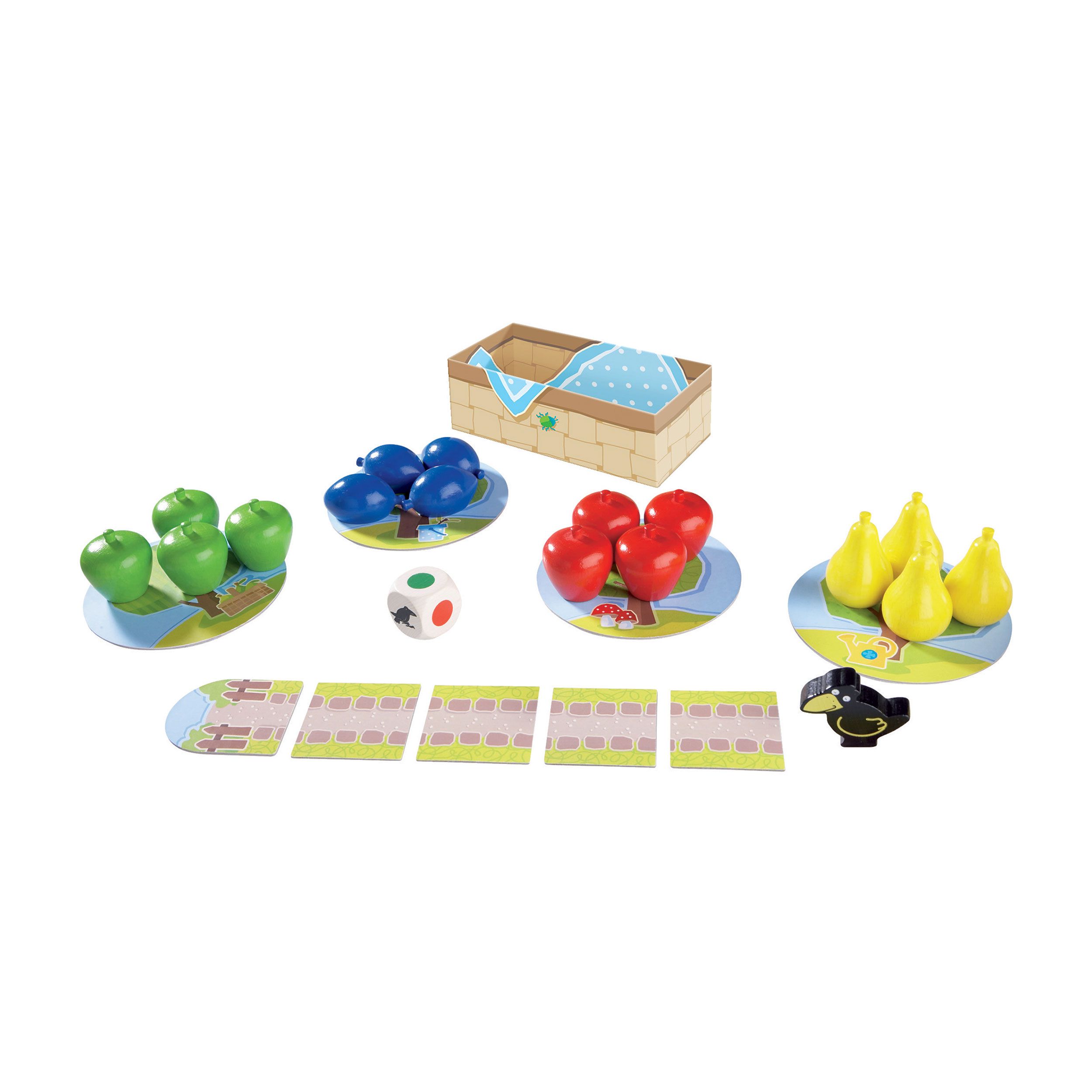 Componenti del gioco: frutta, dadi, tabellone, cesto e figura di corvo. Frutta di diversi colori: verde, blu, rosso e giallo. Tabellone segmentato.