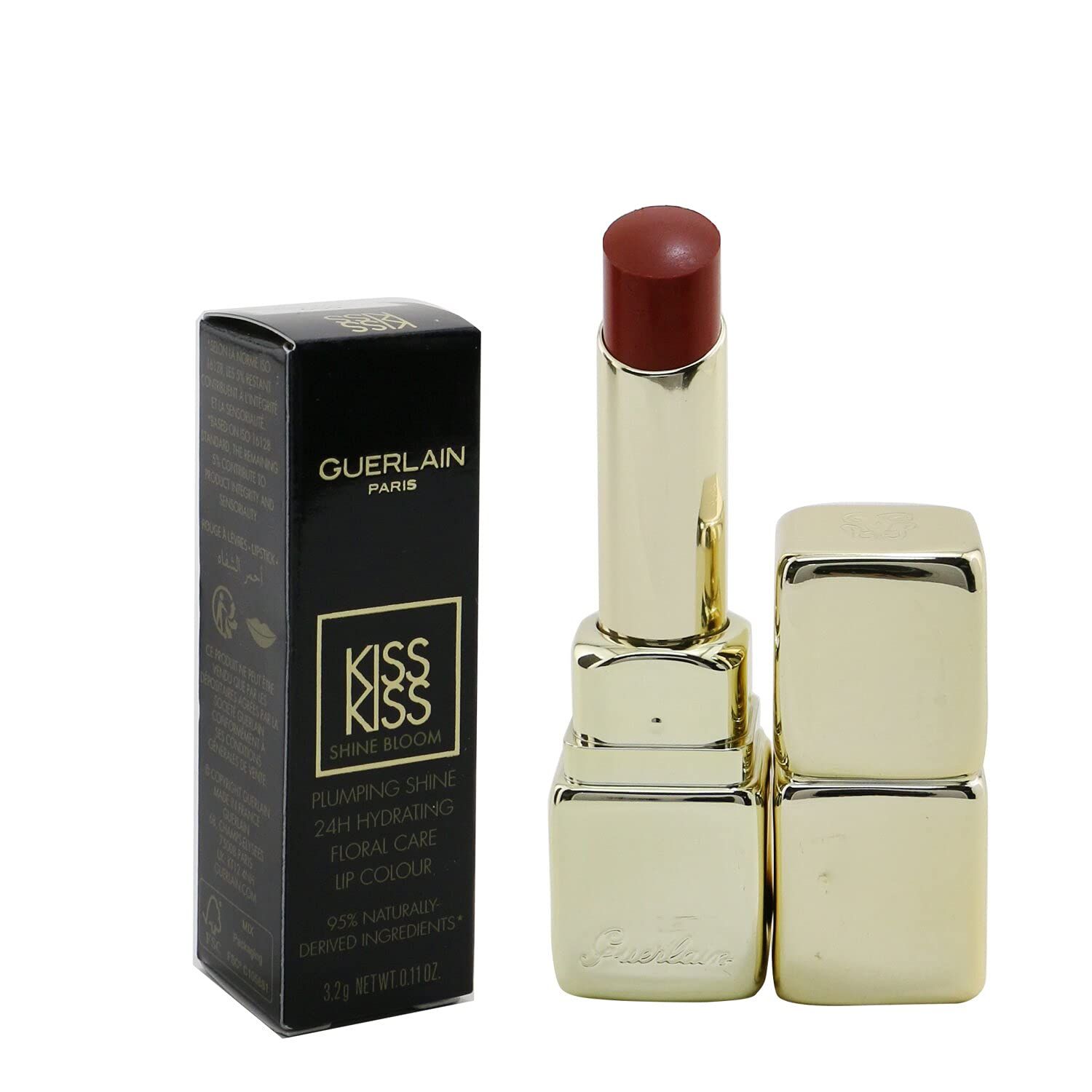 Scatola nera con testo dorato: Guerlain Paris, KissKiss Shine Bloom. Rossetto dorato, aperto, stick rosso. Astuccio dorato quadrato.