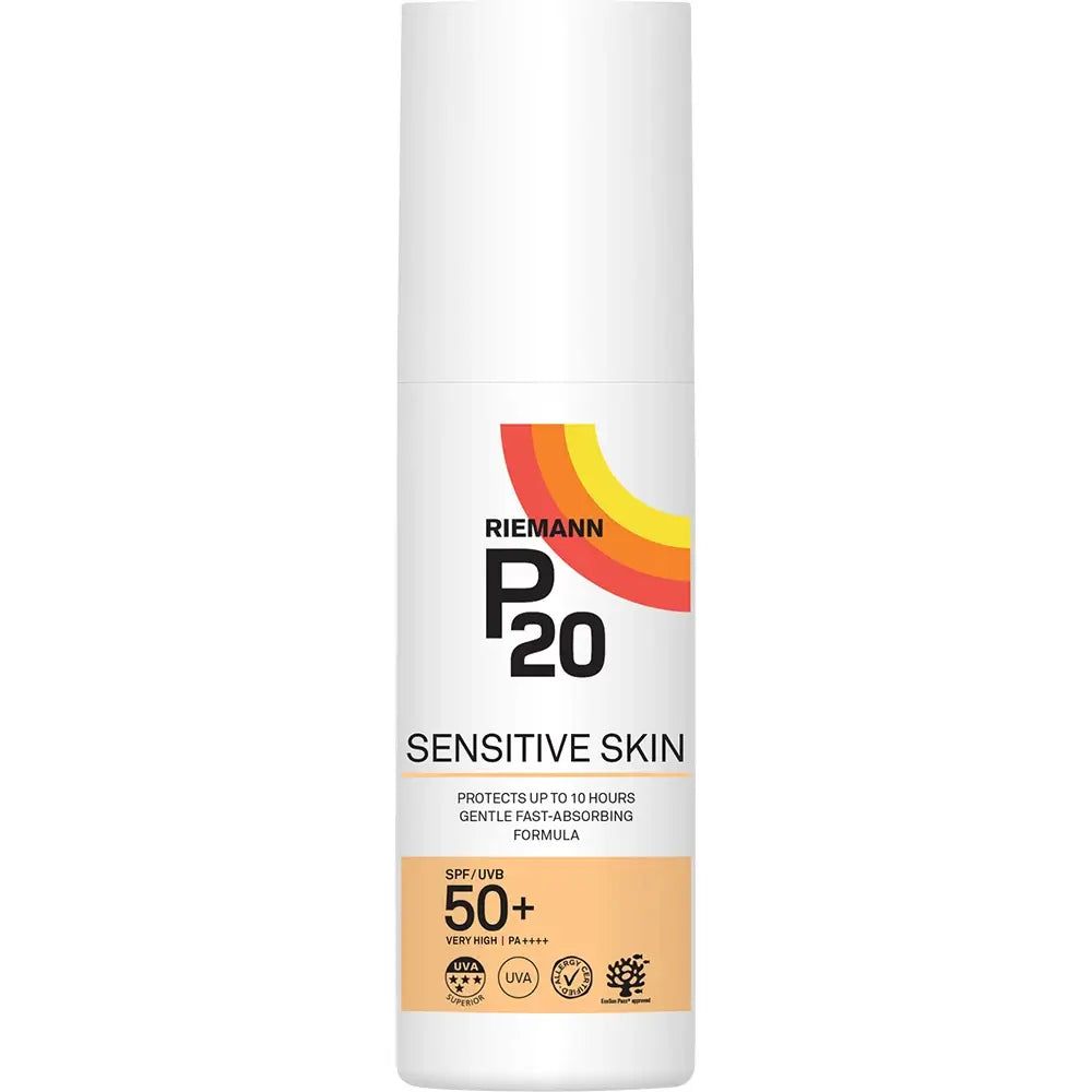 Flacone di crema solare RIEMANN P20 Sensitive SPF 50+.