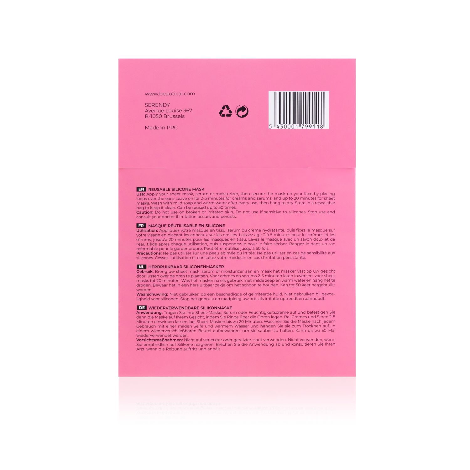 Retro della confezione rosa. Testo: REUSABLE SILICONE MASK. Istruzioni per l'uso multilingue, codice a barre, logo.