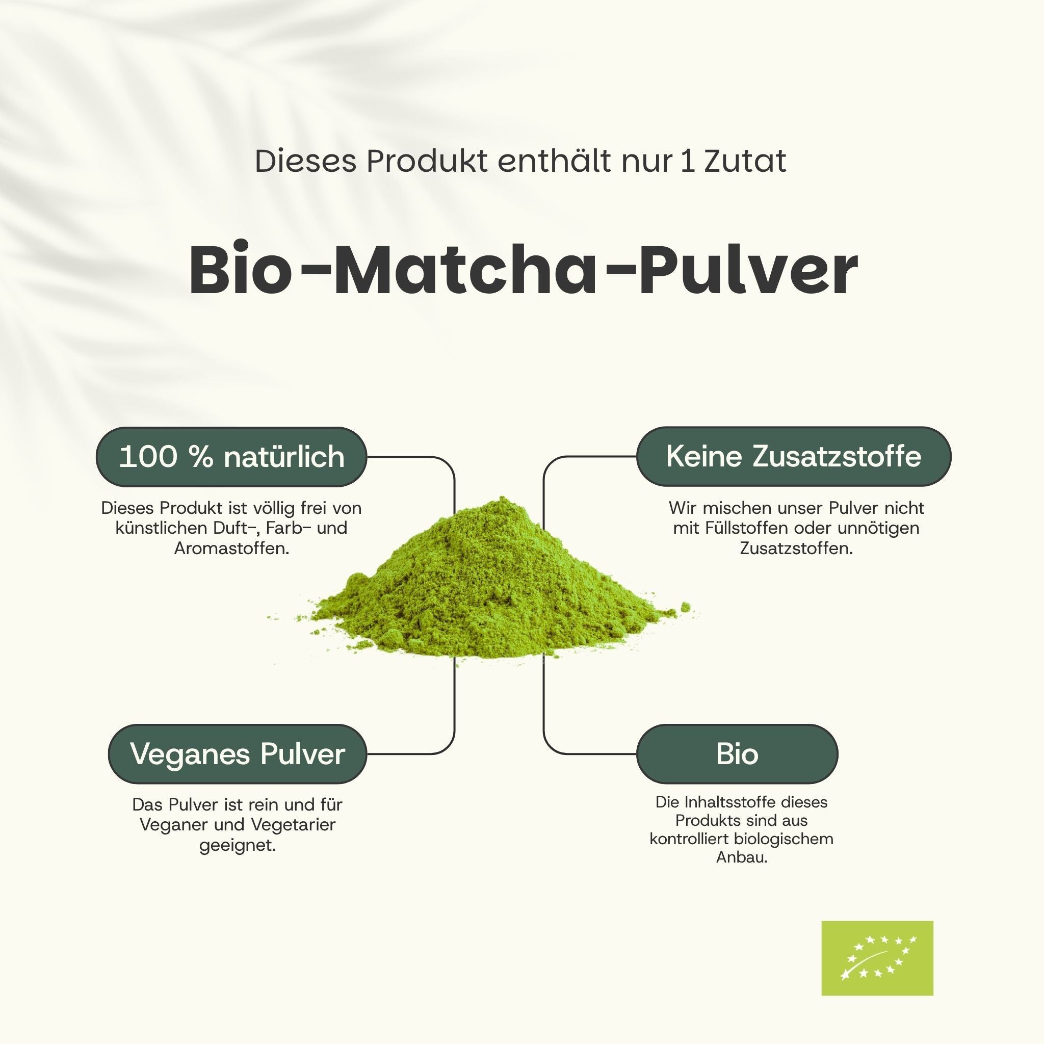 Cumulo di polvere di matcha biologica verde, con riquadri di testo su 100% naturale, senza additivi, polvere vegana e biologica.