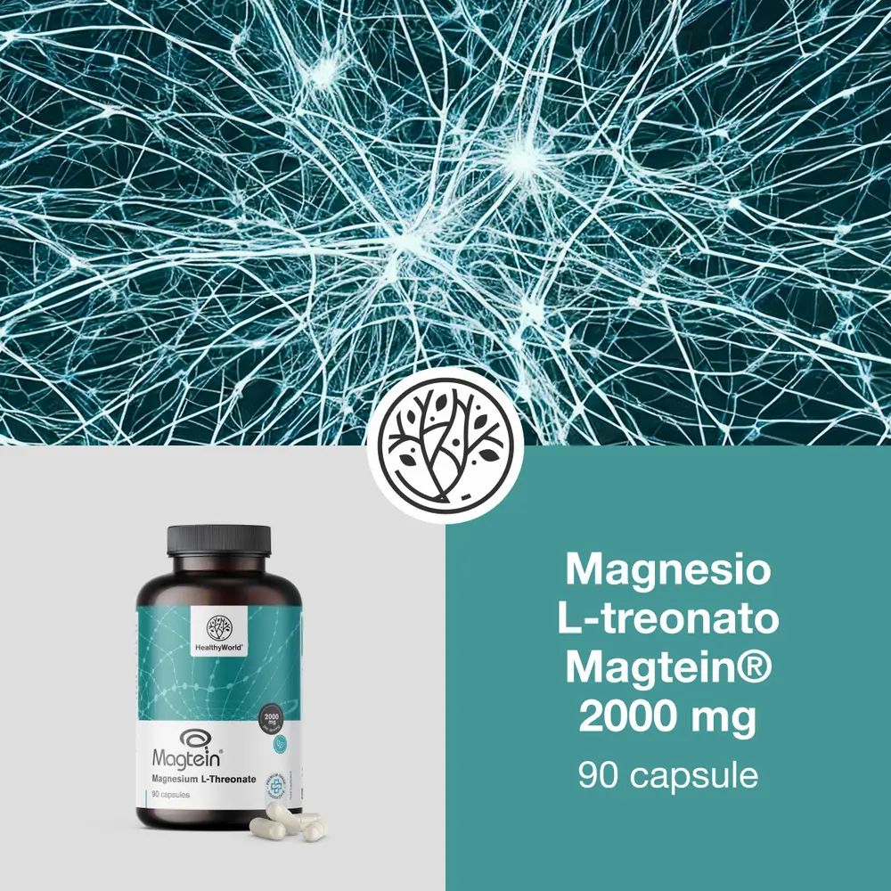 Immagine prodotto: Barattolo marrone Magtein® Magnesium L-Threonate 2000 mg, 90 capsule. Testo: Forma innovativa per un migliore assorbimento.