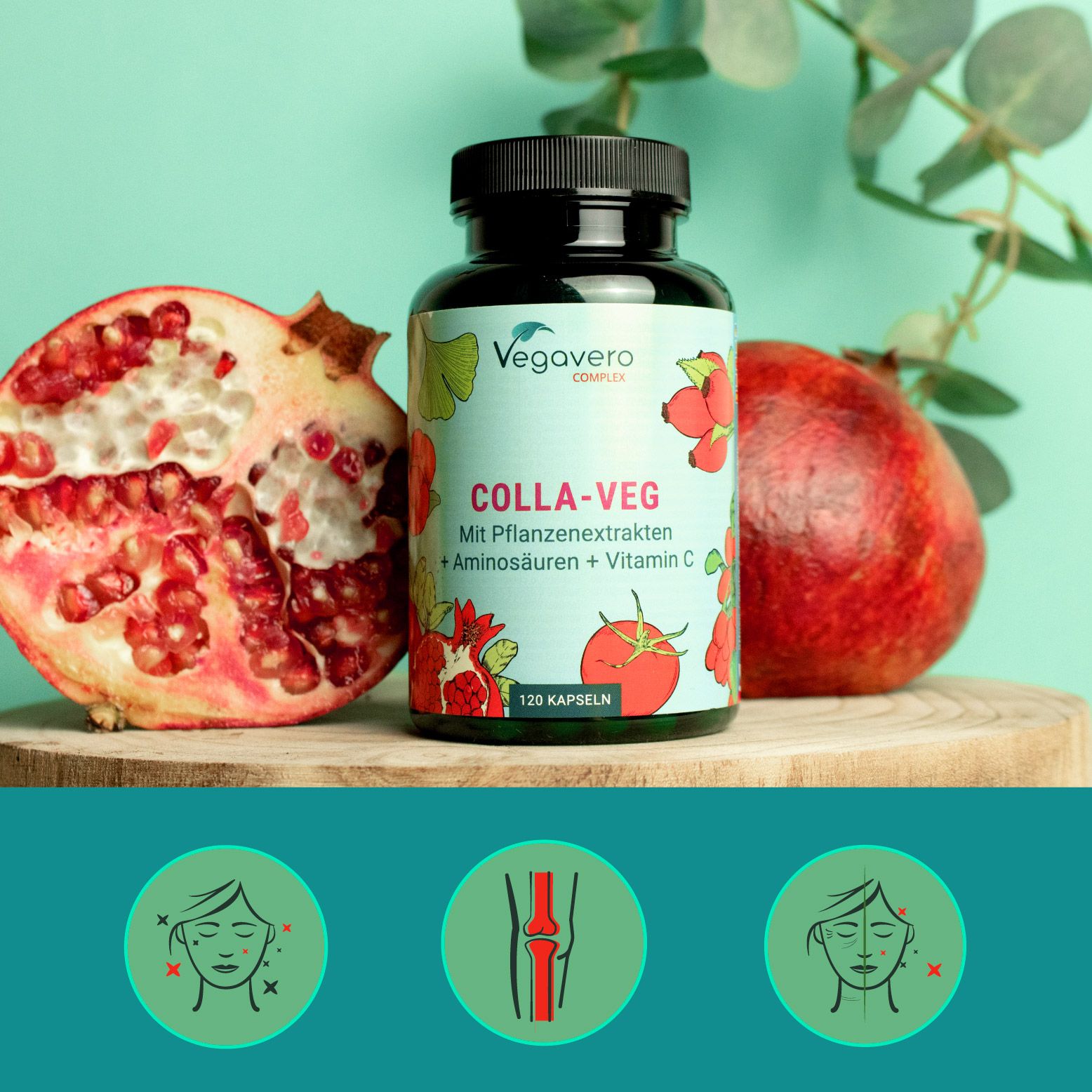 Flacone Colla-Veg accanto a metà melograno e pomodoro su tagliere in legno. Grafici: pelle, articolazione, pelle.