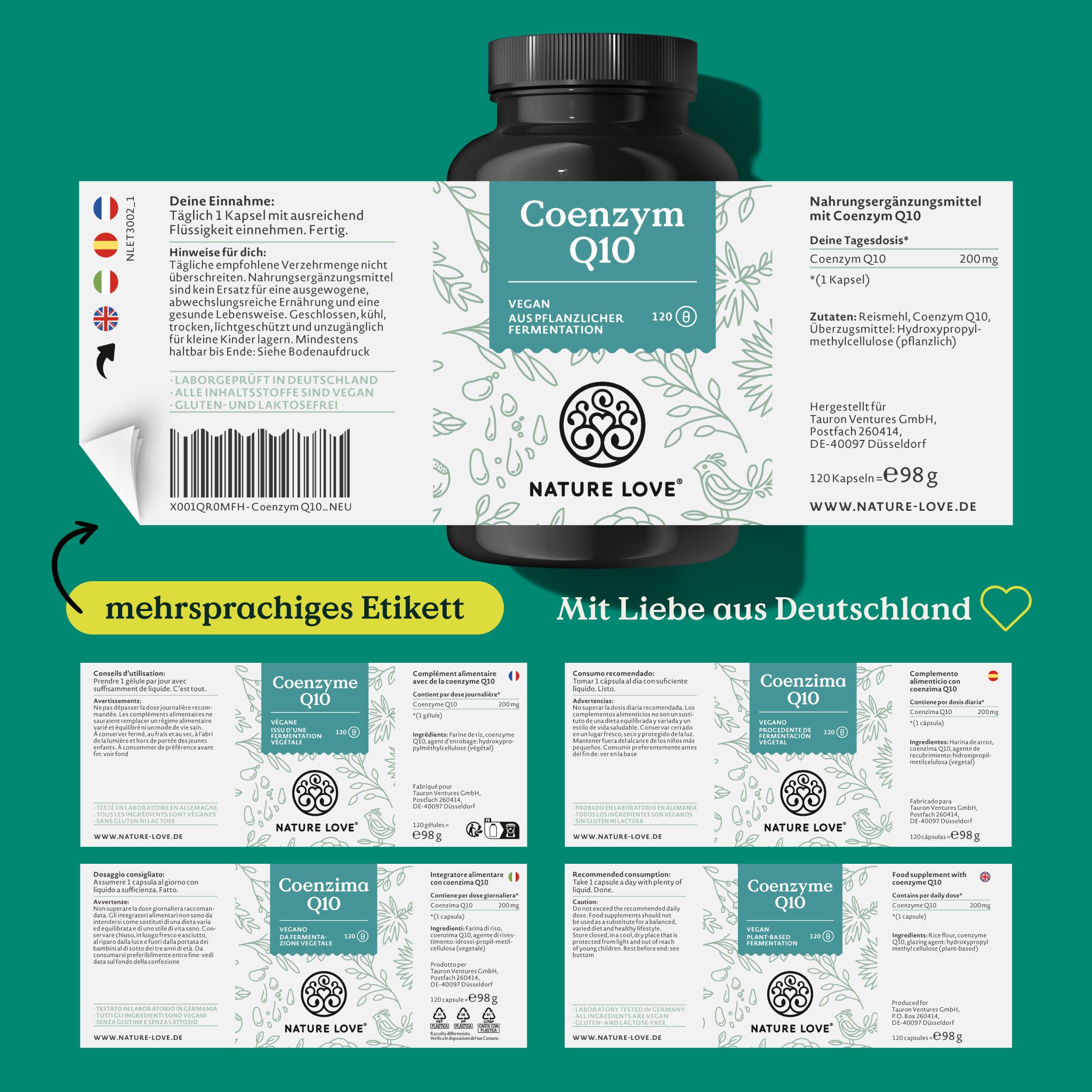 Etichetta del prodotto con informazioni multilingue. Contiene informazioni su ingredienti, dosaggio e produttore. Marchio: NATURE LOVE®. Prodotto in Germania.