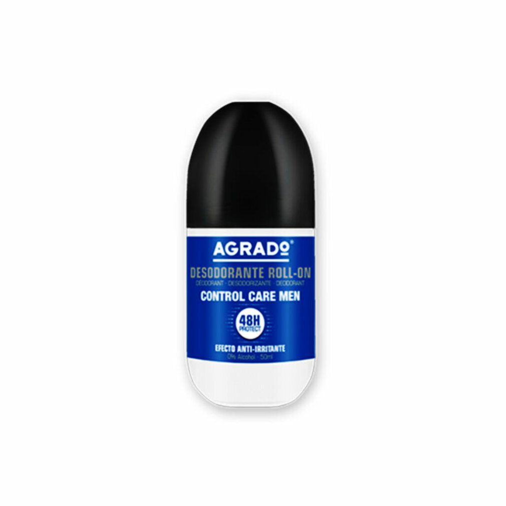 Deodorante roll-on con tappo nero. Etichetta blu con testo bianco: AGRADO, Desodorante Roll-On, Control Care Men, 48H Protect. Contenitore bianco.