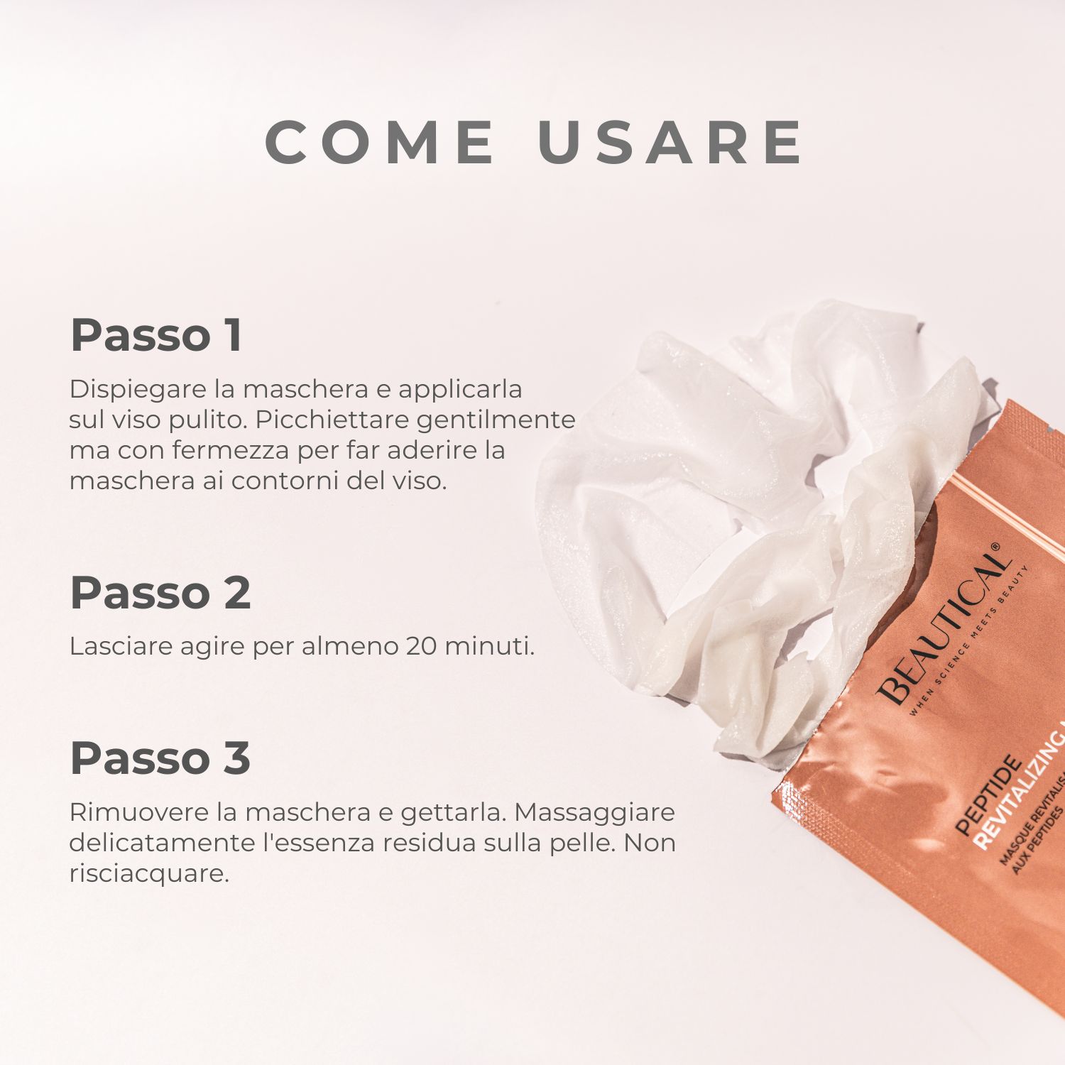 Donna con maschera e confezioni. Testo. Sfondo rosa. 20 minuti.