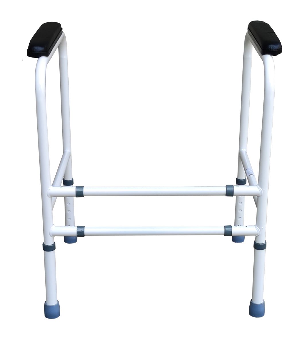 Struttura per WC con braccioli, telaio metallico bianco, braccioli neri, autoportante.