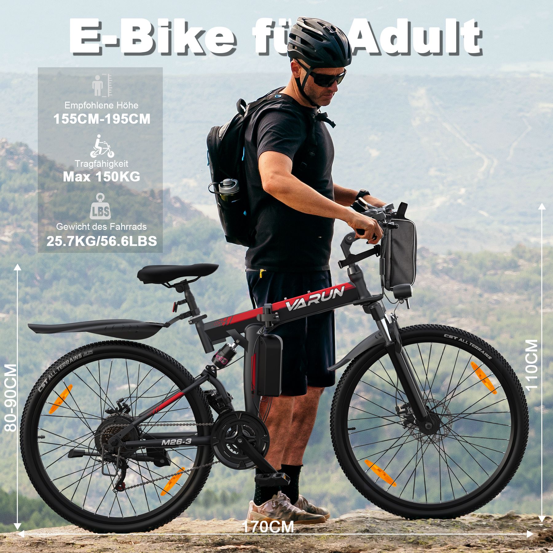 E-bike per adulti. Altezza consigliata 155-195cm, max. 150kg, peso 25,7/56,6lbs. Dimensioni.
