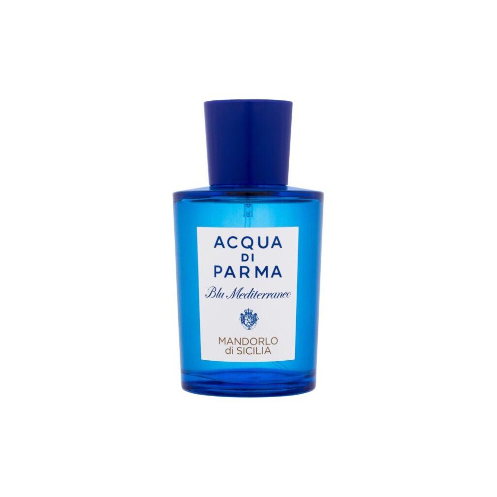 Flacone di profumo blu con tappo blu. Scritta: ACQUA DI PARMA Blu Mediterraneo Mandorlo di Sicilia.