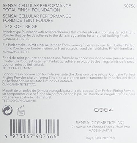 Sensai Kanebo Cellular Performance Fondotinta Total Finish TF12 Soft Beige. Confezione del prodotto con testo. Contiene informazioni sul prodotto.