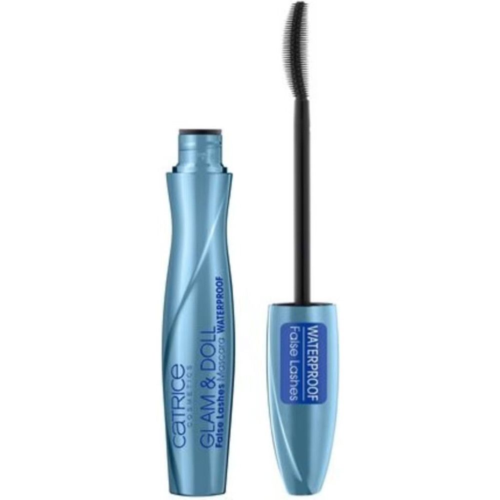 Tubo e spazzola per mascara blu. Scritta: Glam & Doll, False Lashes Mascara Waterproof. Spazzola nera.