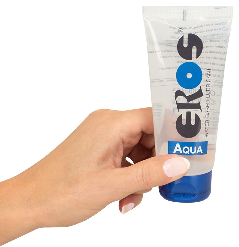 Lubrificante EROS Aqua in tubo trasparente con tappo blu.