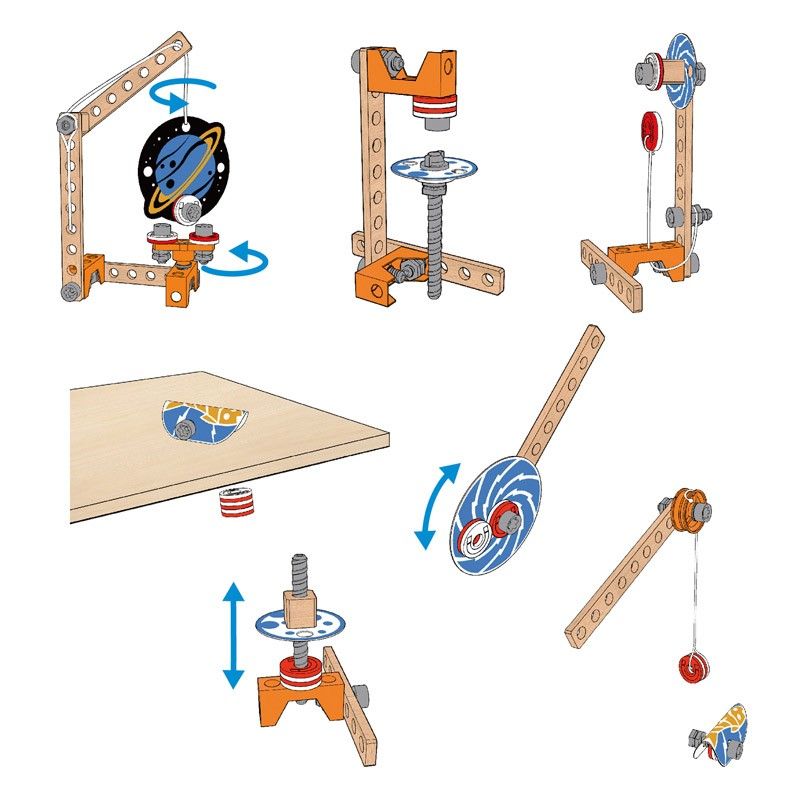 Vari esempi di costruzione in legno e plastica. Include viti, dadi, manovelle e decorazione pianeta.