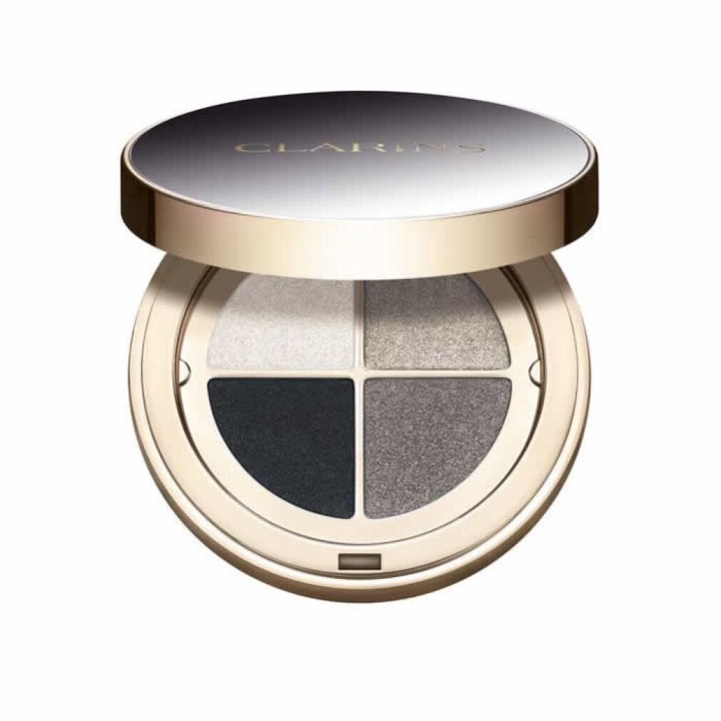 Clarins Ombre 4 Couleurs. Palette rotonda aperta con quattro ombretti: oro, marrone, nero e rosa.