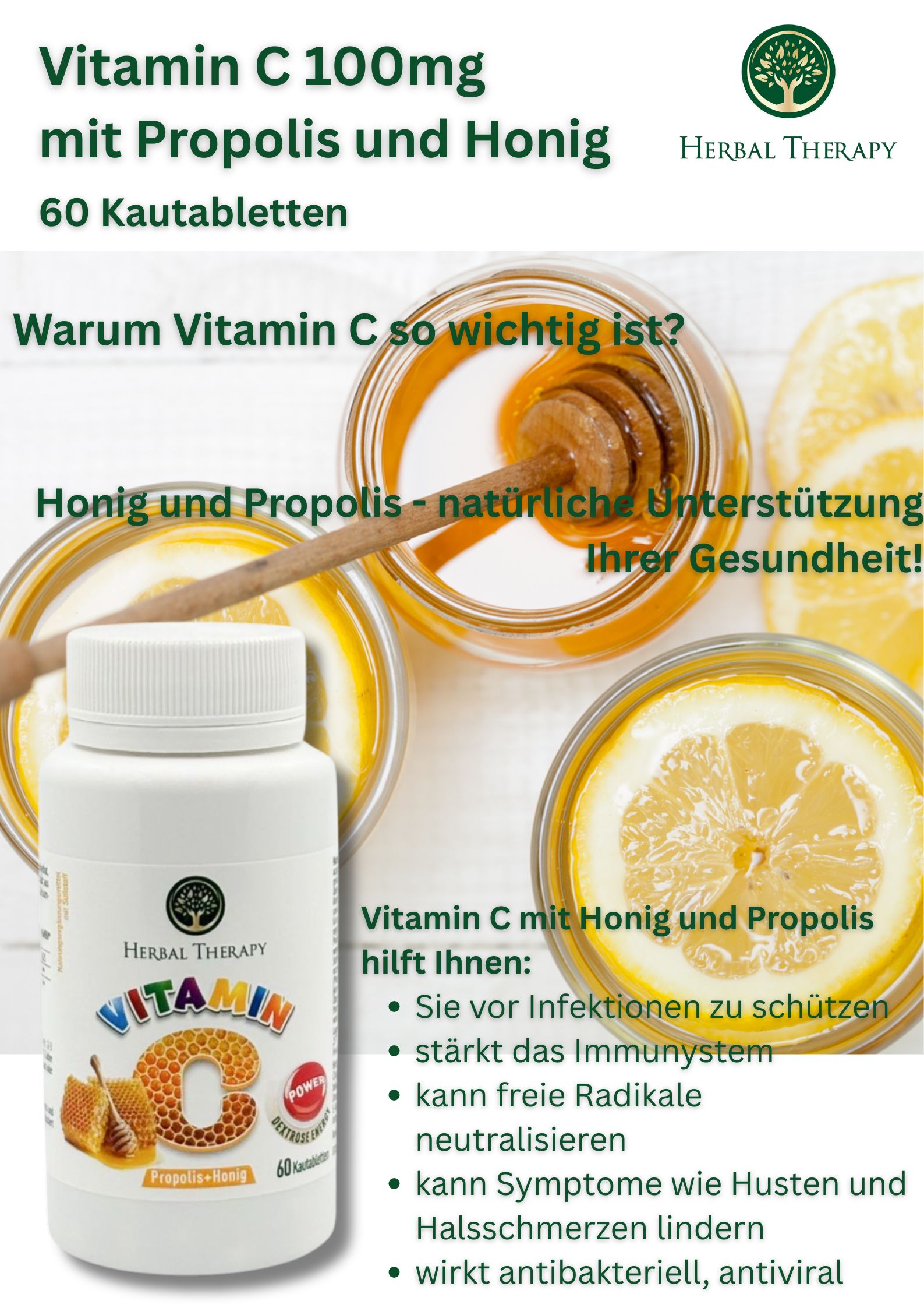 Immagine pubblicitaria con flacone Herbal Therapy Vitamina C. Miele e limone sullo sfondo. Testo: La vitamina C con miele e propoli aiuta contro le infezioni.