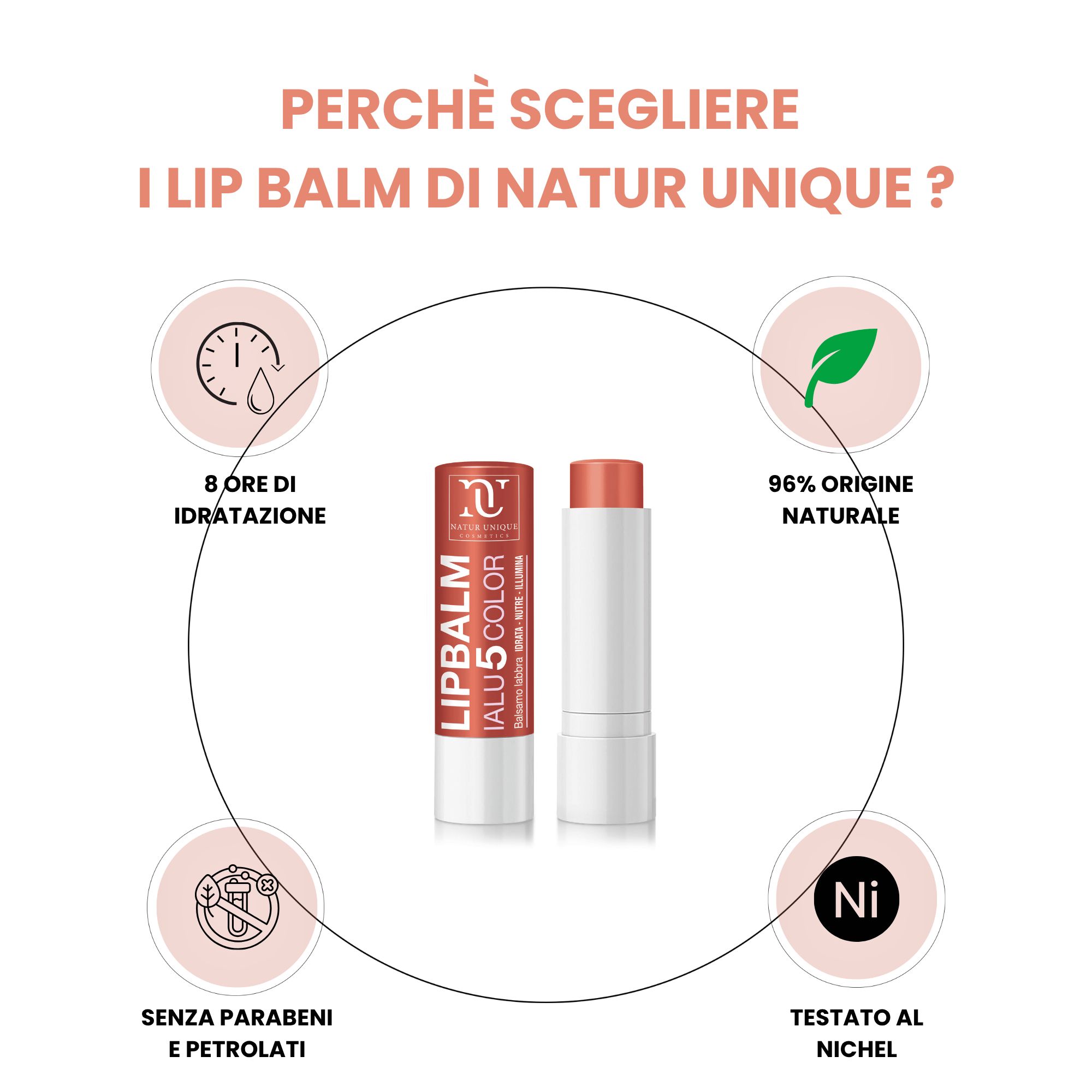 Balsamo labbra Natur Unique Ialu5 Color Nude. Idratazione 8h, ingredienti naturali, senza parabeni/petrolati.