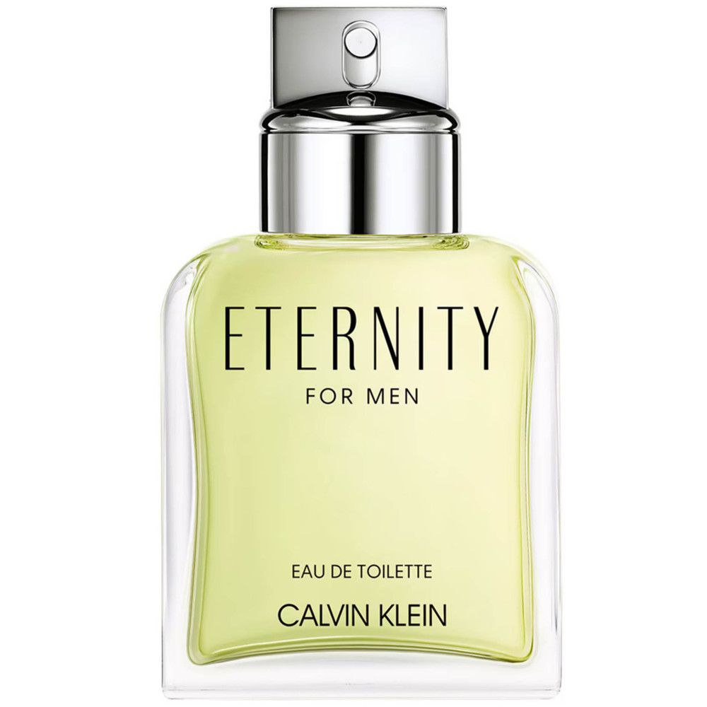Flacone quadrato con tappo argentato. Scritta: ETERNITY FOR MEN, Eau de Toilette, CALVIN KLEIN. Liquido giallastro visibile.