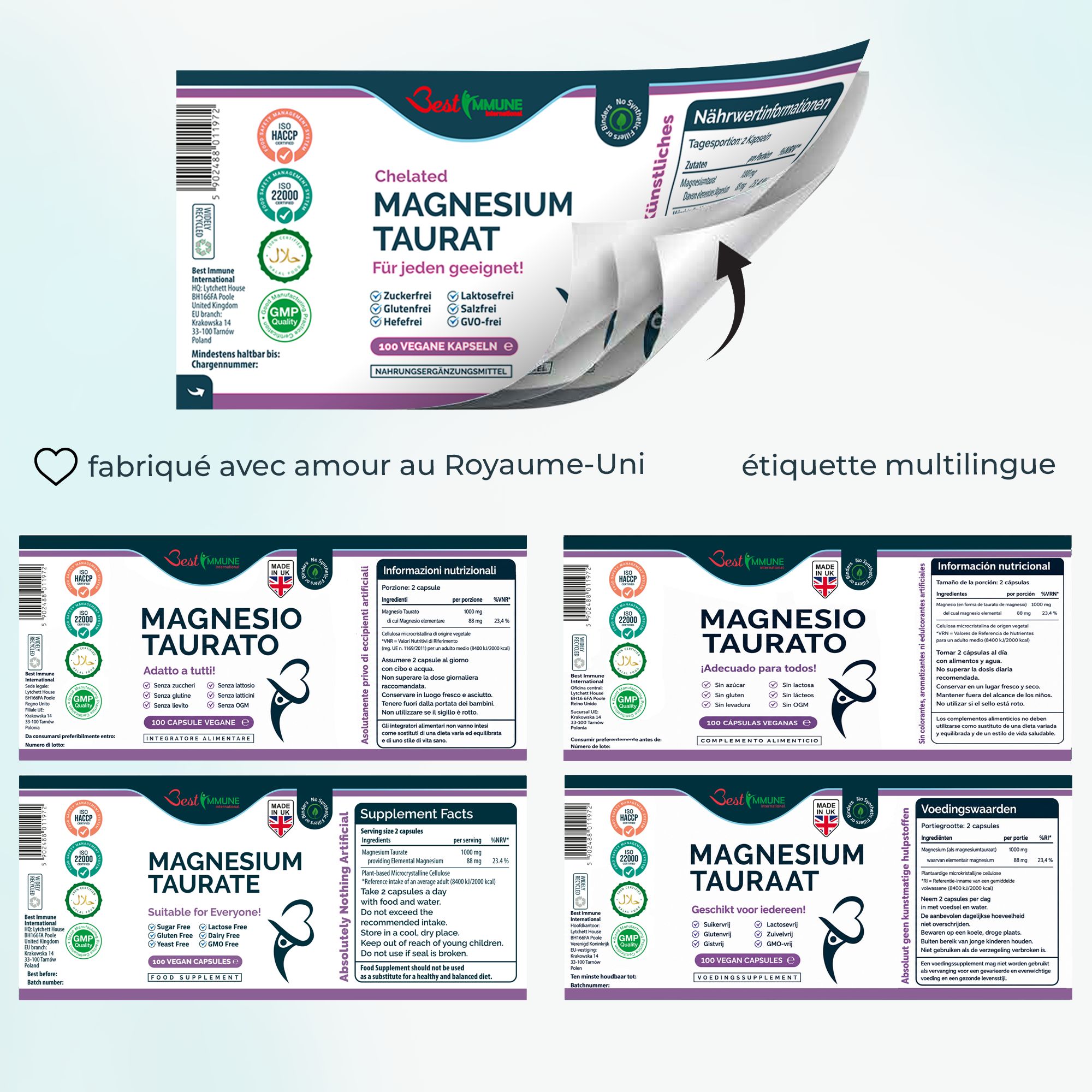 Etichette multilingue per magnesio taurato, prodotte nel Regno Unito, con varie certificazioni.
