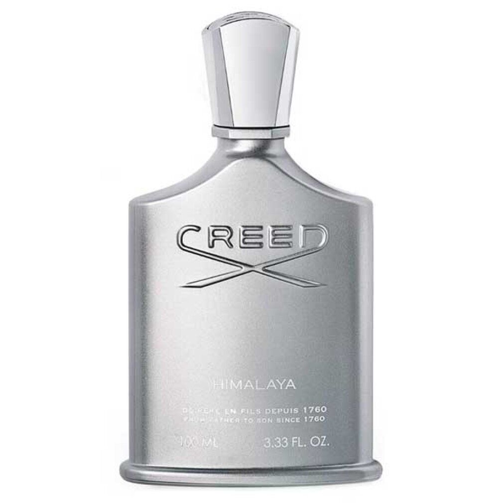 Flacone grigio. Scritta CREED HIMALAYA. Tappo argentato. Logo e testo.