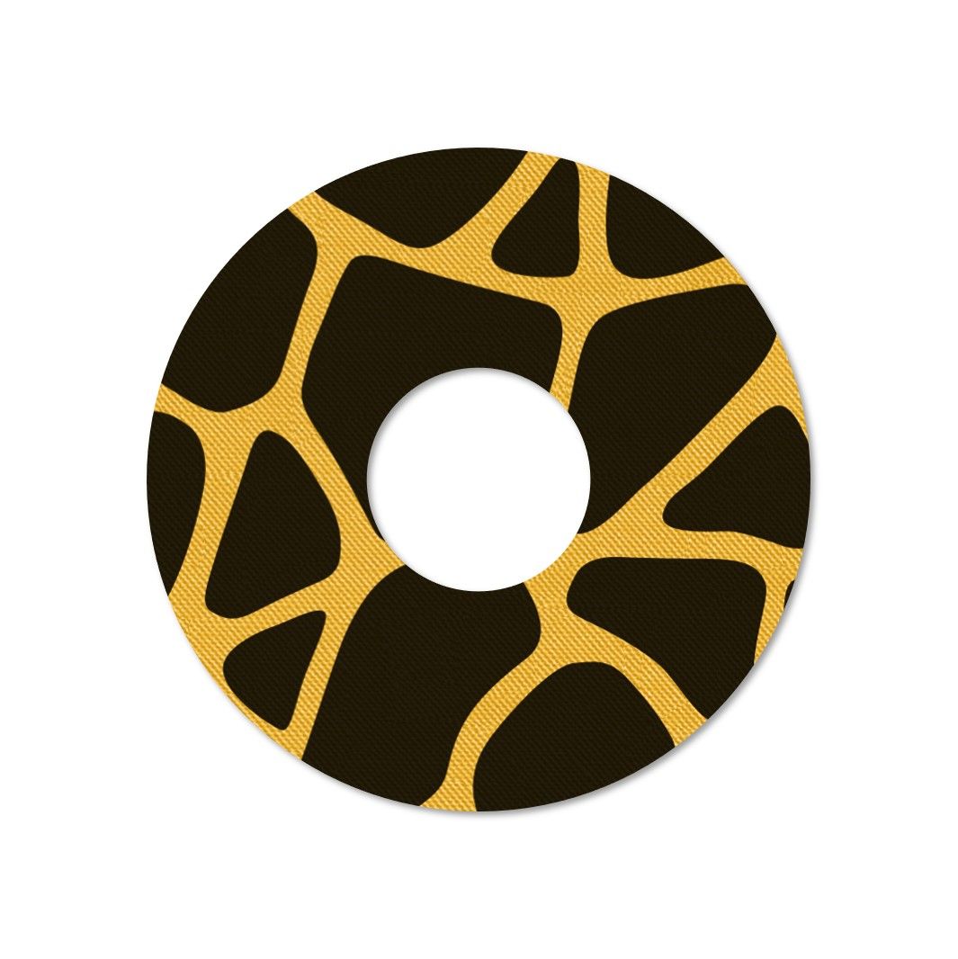 Anello di fissaggio rotondo con motivo a giraffa. Foro centrale. Motivo giallo-marrone su sfondo bianco.