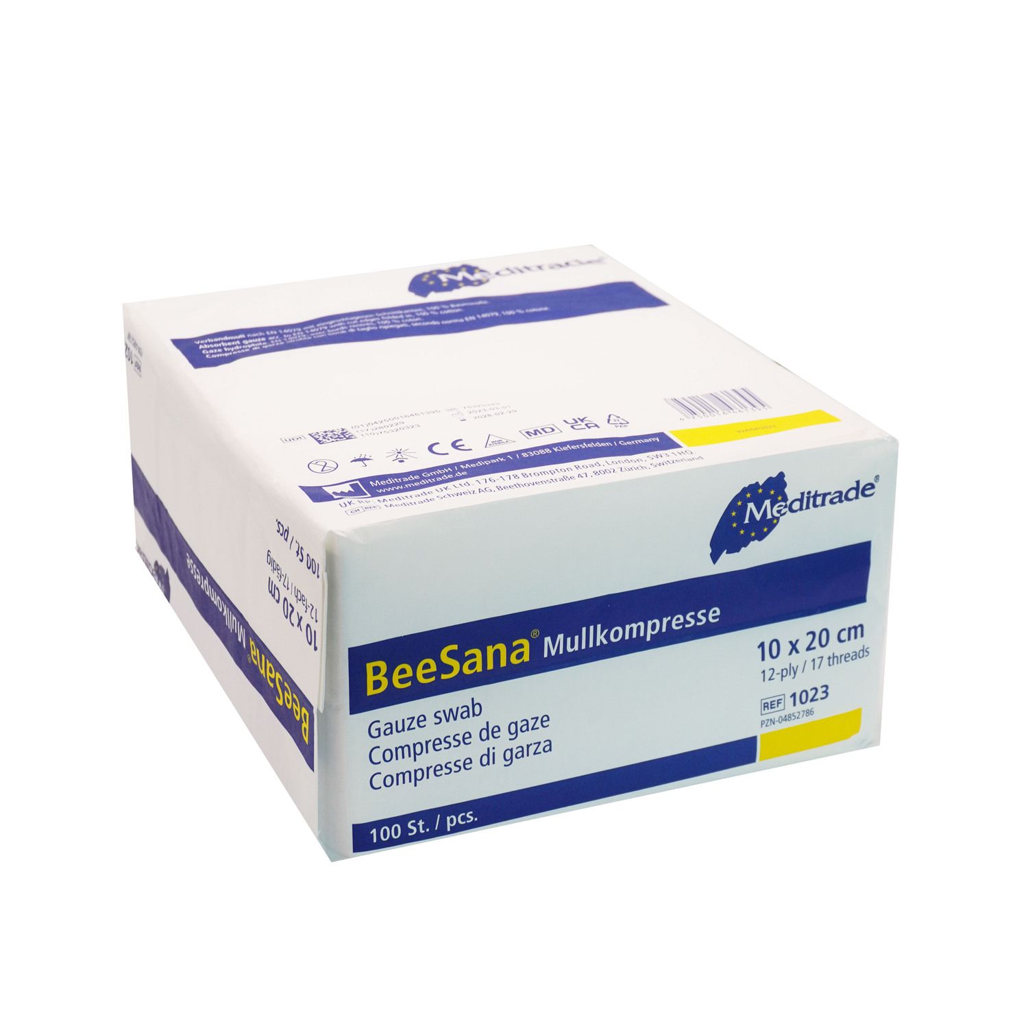 Confezione di garze BeeSana. Scatola bianca con testo blu. Contiene 100 pezzi. Dimensione 10x20 cm.