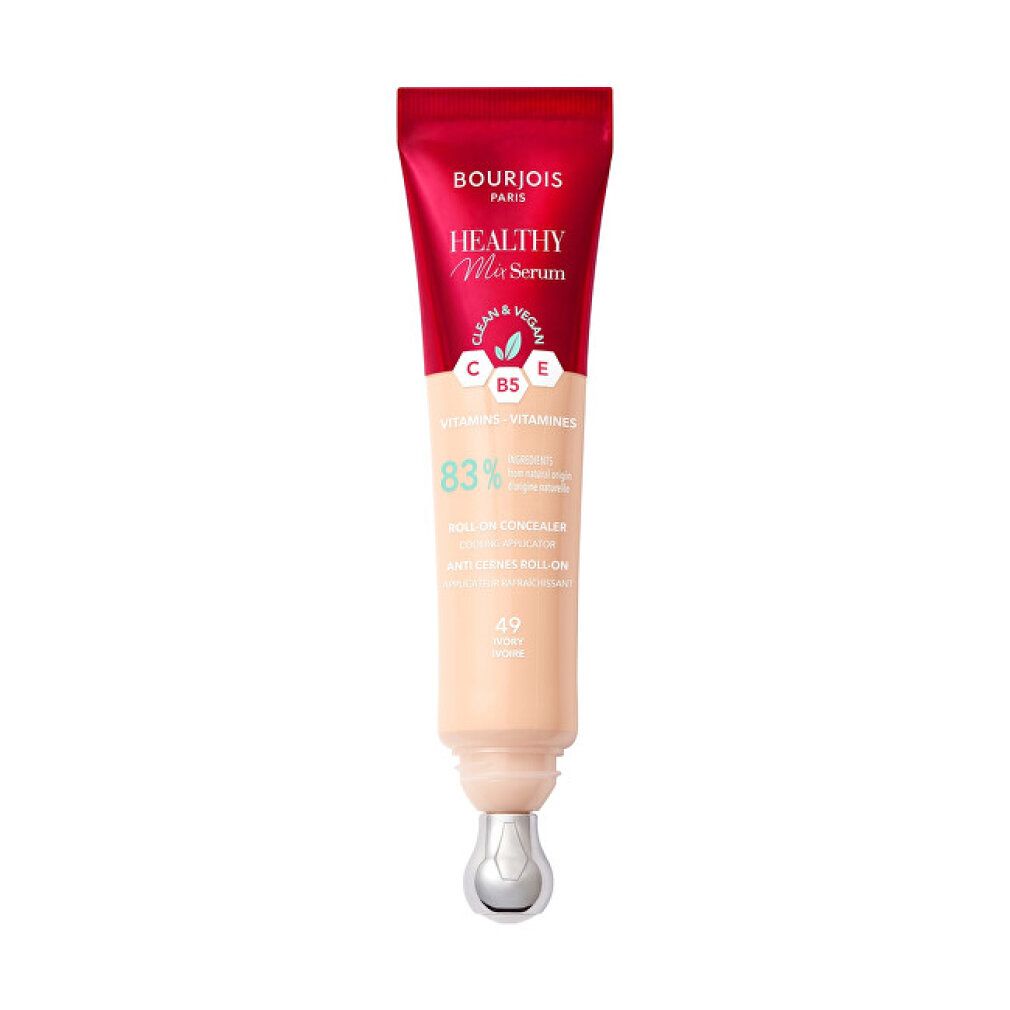 Correttore Healthy Mix Serum Bourjois, tonalità 49-Avorio. Tubo rosso. Contiene vitamina C & E. Scritta Clean & Vegan.