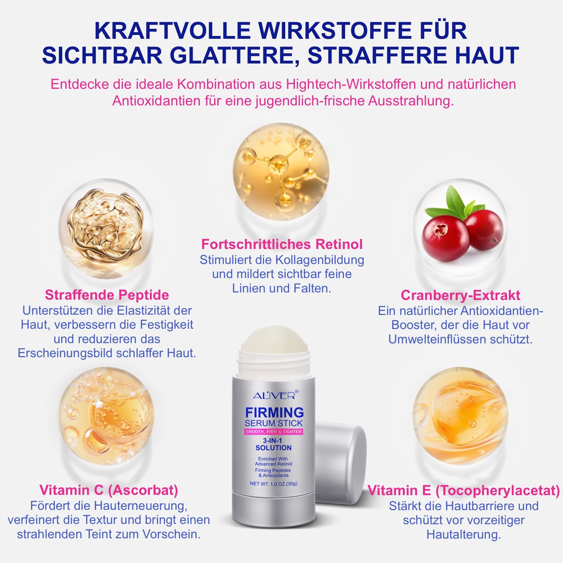 Stick siero rassodante ALIVER e ingredienti: retinolo, peptidi, estratto di mirtillo rosso, vitamina C ed E. Prodotto al centro.