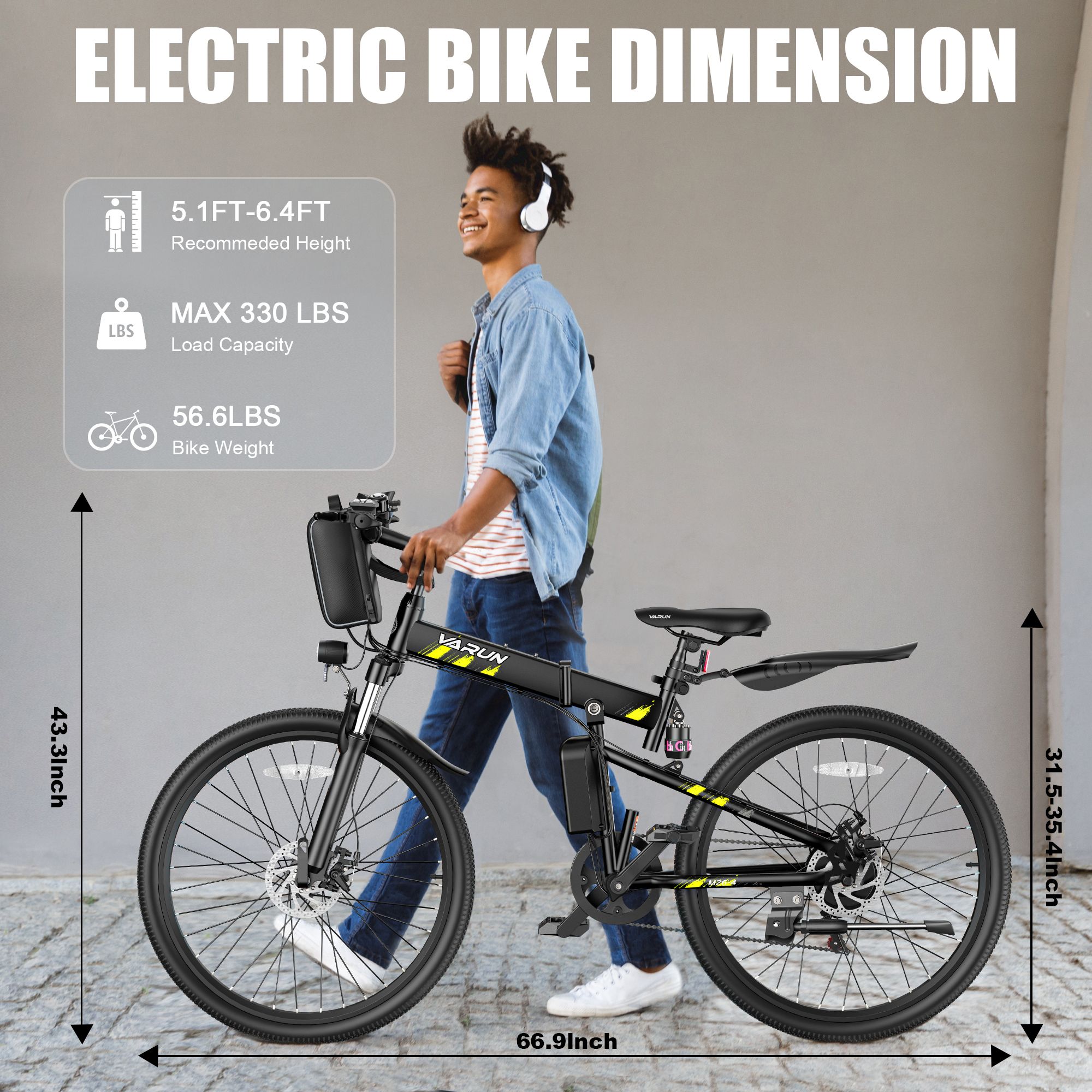 Bicicletta elettrica pieghevole nera. Dimensioni: 66,9 pollici di lunghezza, 43,3 pollici di altezza, 31,5-35,4 pollici di altezza. Testo: 5.1FT-6.4FT, MAX 330 LBS, 56.6LBS.