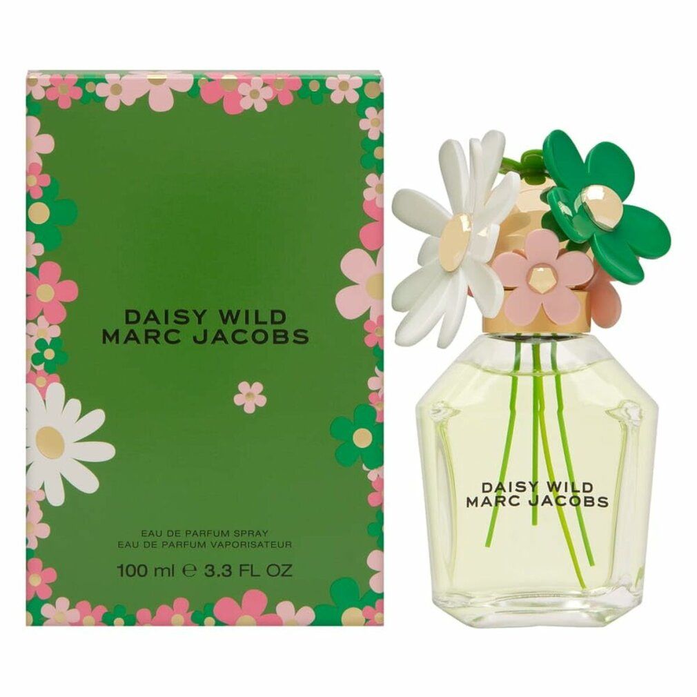 Flacone di profumo con decorazione floreale e confezione. Flacone con liquido verdognolo. Confezione verde con motivo floreale. Scritta: Daisy Wild Marc Jacobs.