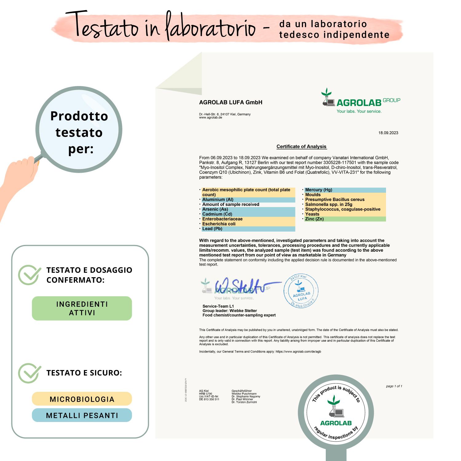 Documento di certificazione. Scritta: Ingredienti bioattivi, verificati e confermati. Microbiologia (metalli pesanti), verificata e conforme.