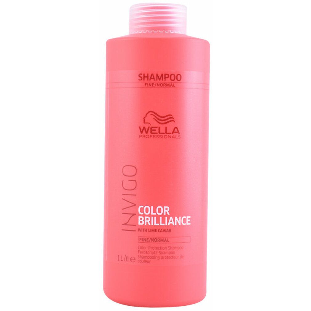 Flacone di shampoo rosso con tappo bianco. Scritta: Invigo Color Brilliance, Wella Professionals. 1 litro.
