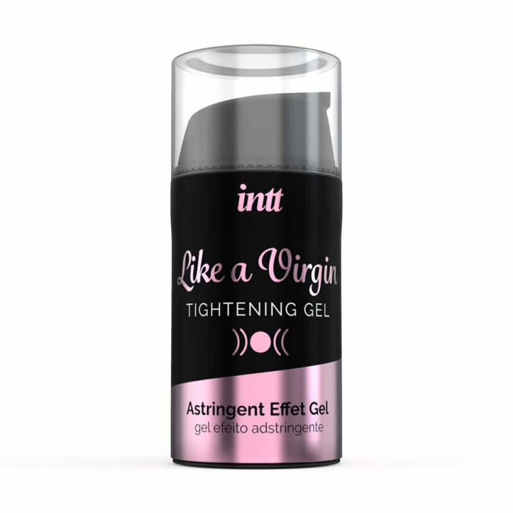 Flacone cilindrico nero con testo: INTT, Like a Virgin, Tightening Gel. Accento rosa. Tappo trasparente.