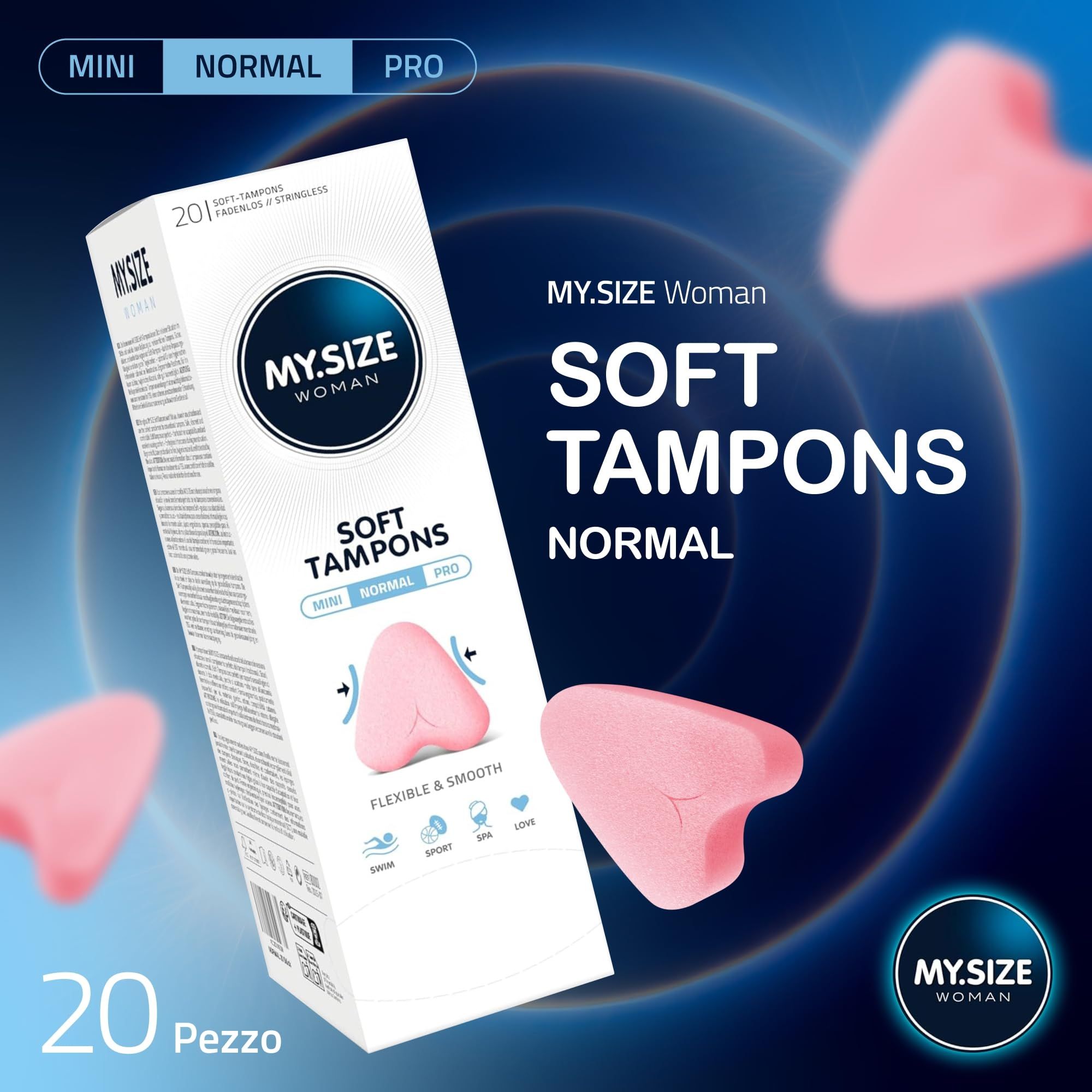 Confezione MY.SIZE Woman Soft Tamponi Normal, 20 pezzi. Tamponi rosa presentati in sospensione.