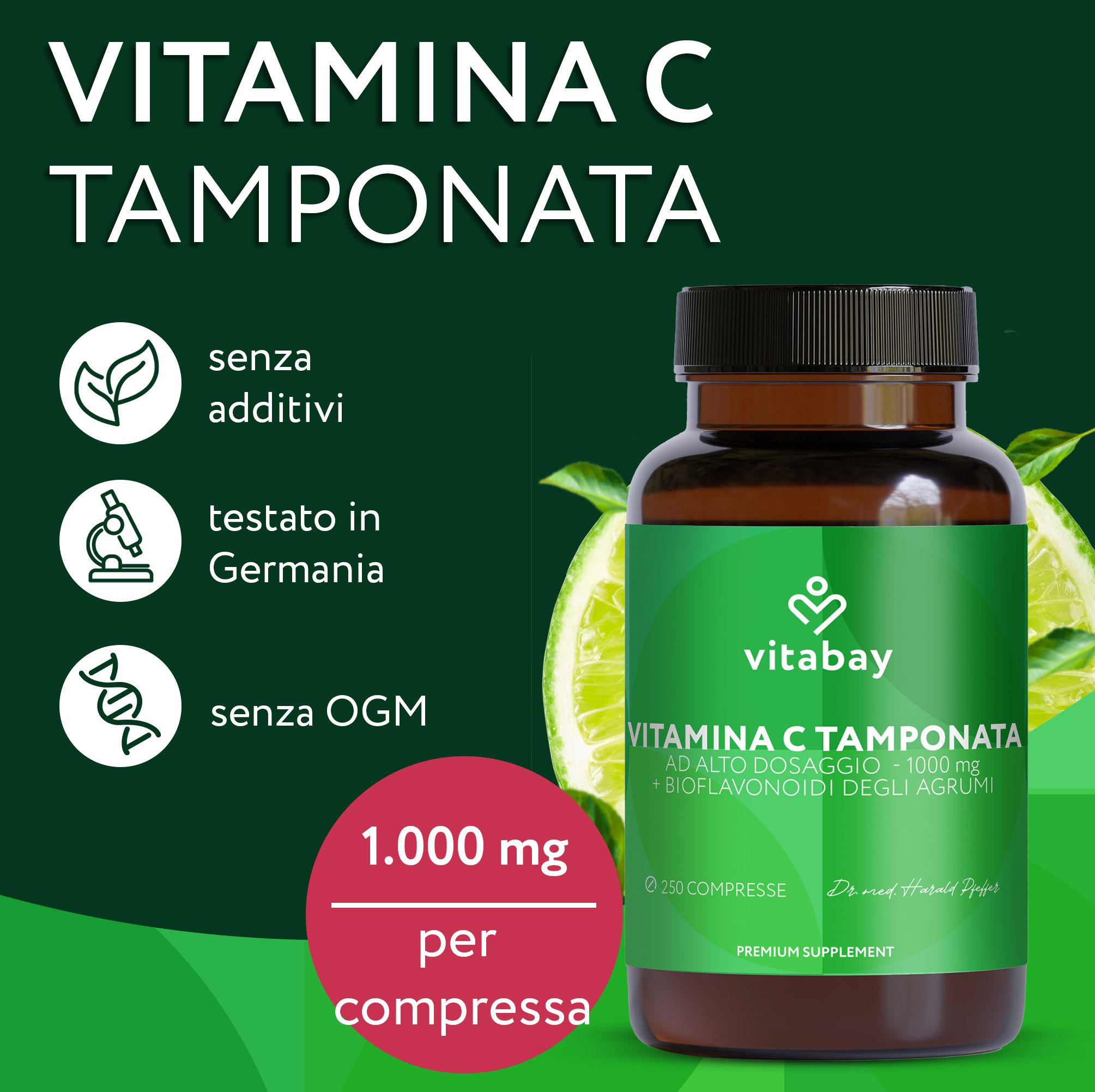 Flacone Vitamina C 1000 mg Vitabay con spicchi di limone, "Senza additivi".
