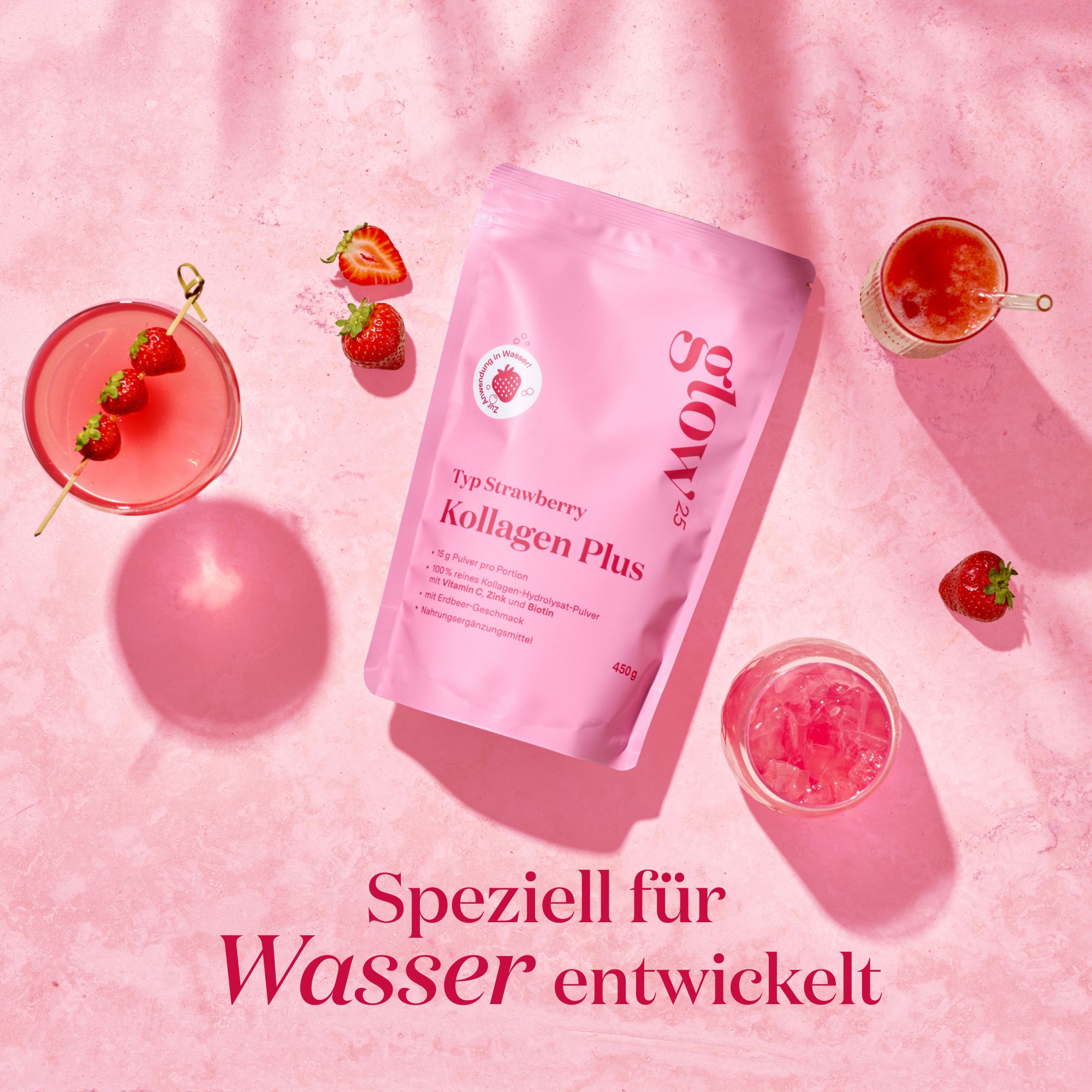Busta Glow25 Collagen Plus Tipo Fragola con fragole e bevande.