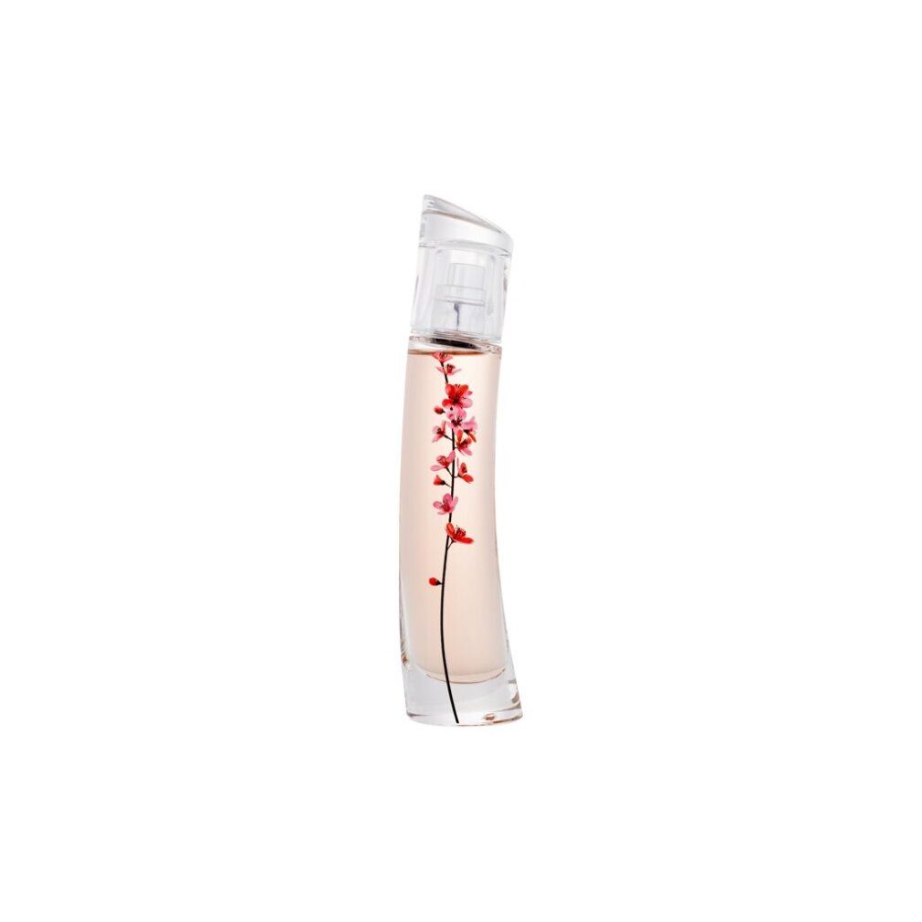 Flacone di profumo con design floreale. Flacone trasparente con contenuto rosa e motivo floreale. Forma inclinata.