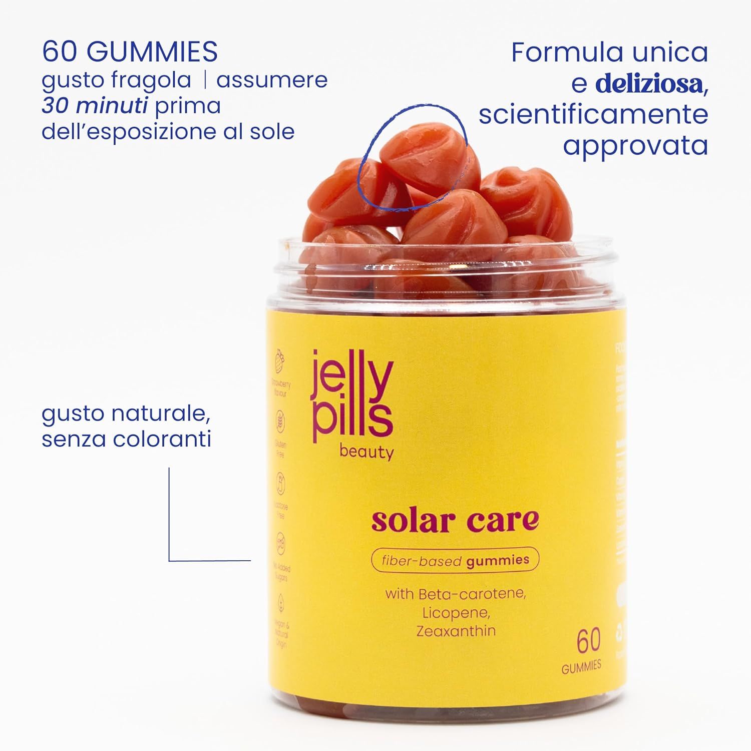 Barattolo di Jelly Pills Solar Care Gummies. 60 caramelle gommose. Scritta: Beta-carotene, licopene, zeaxantina. Alcune caramelle gommose accanto. Gusto naturale.