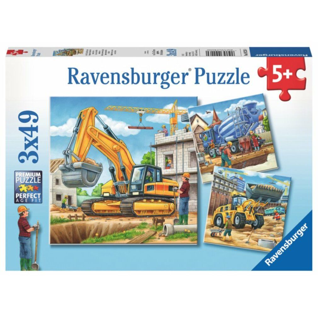 Puzzle Ravensburger 3x49 pezzi. Confezione con immagini di macchine edili. Età consigliata: 5+