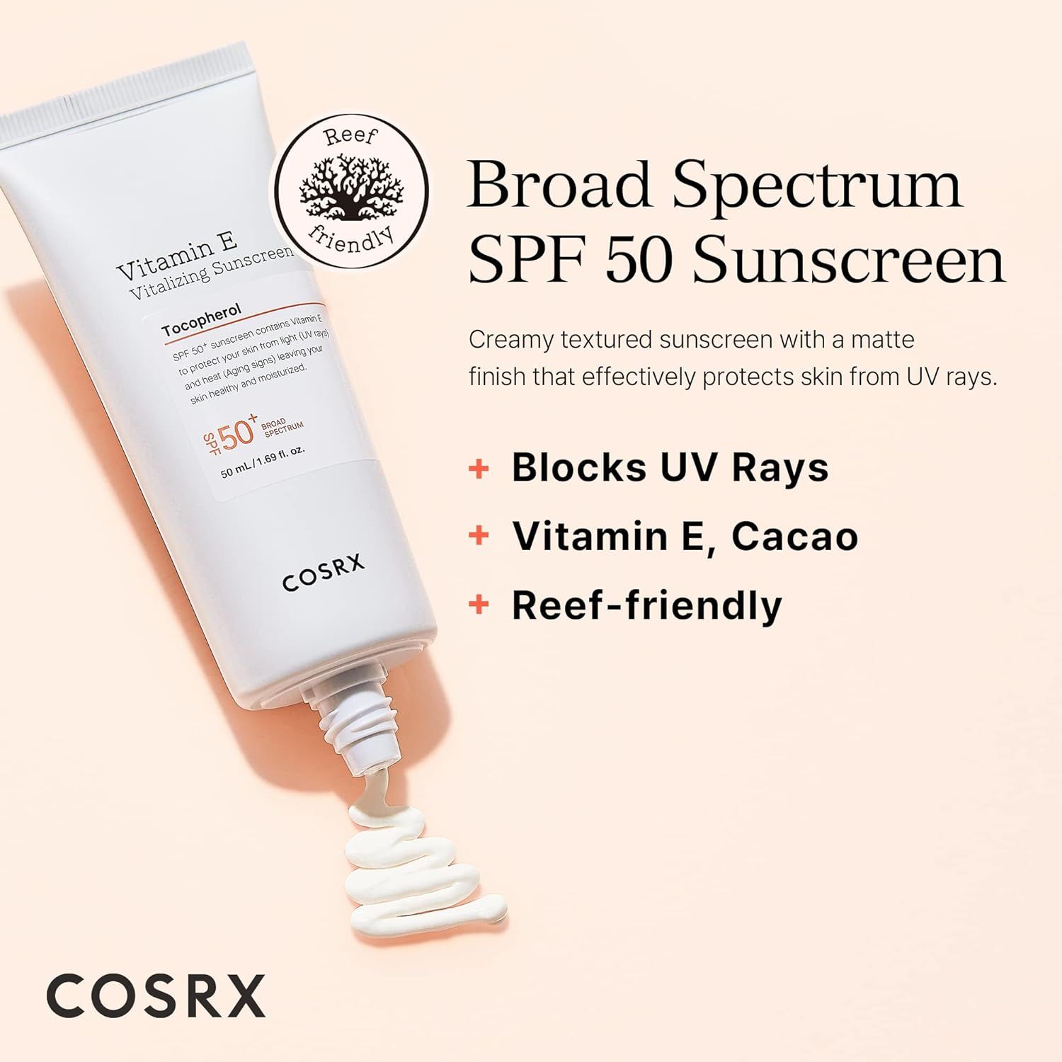 Tubo di crema solare, testo: Broad Spectrum SPF 50. Reef-friendly. COSRX. Erogazione crema.
