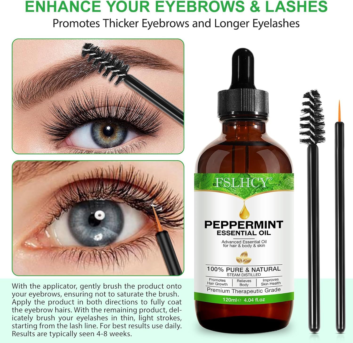 Flacone di olio di menta piperita con applicatori. Testo: "FSLHCY Olio di menta piperita". 120ml. Per sopracciglia e ciglia.