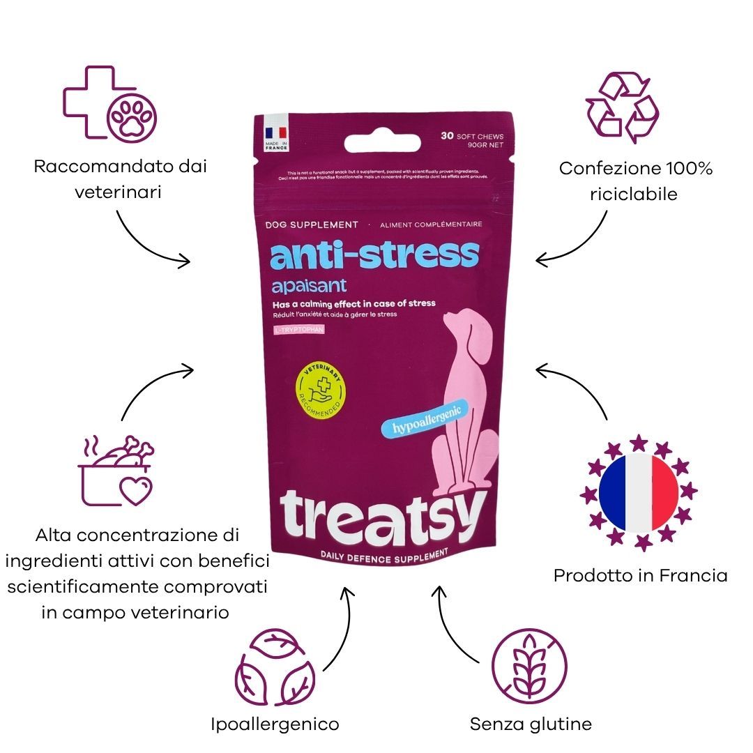 Sacchetto integratore per cani 'anti-stress', 30 morbidi masticabili, viola.