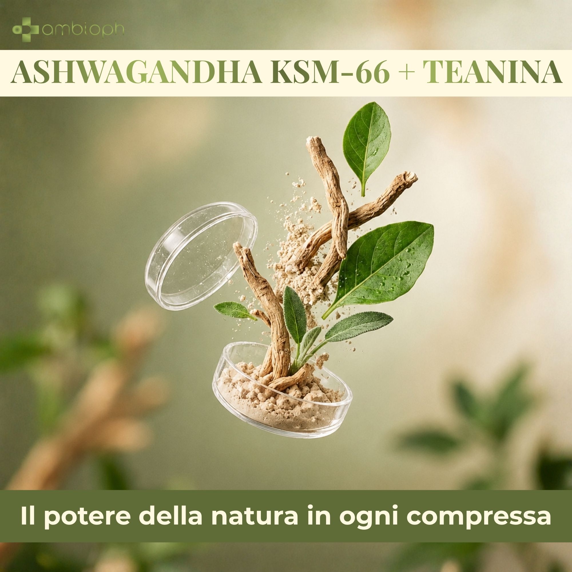 Una donna mangia biscotti la sera, con una bottiglia di capsule di Ashwagandha accanto.